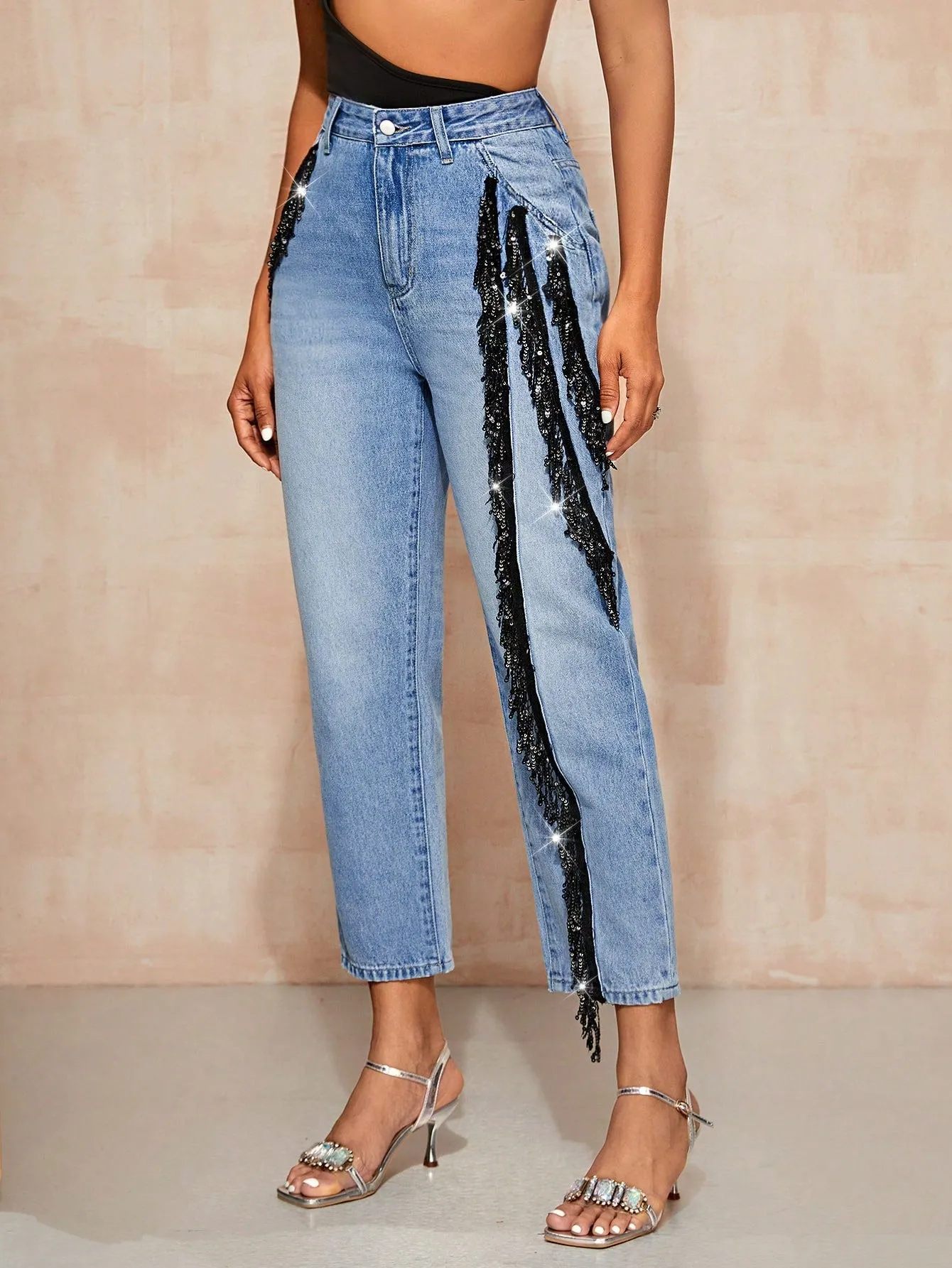 High Waist Sequin Fringe Trim Mom Fit Jeans