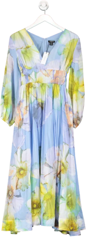 Karen Millen Blue Petite Photographic Floral Silk Cotton Maxi Dress UK 4