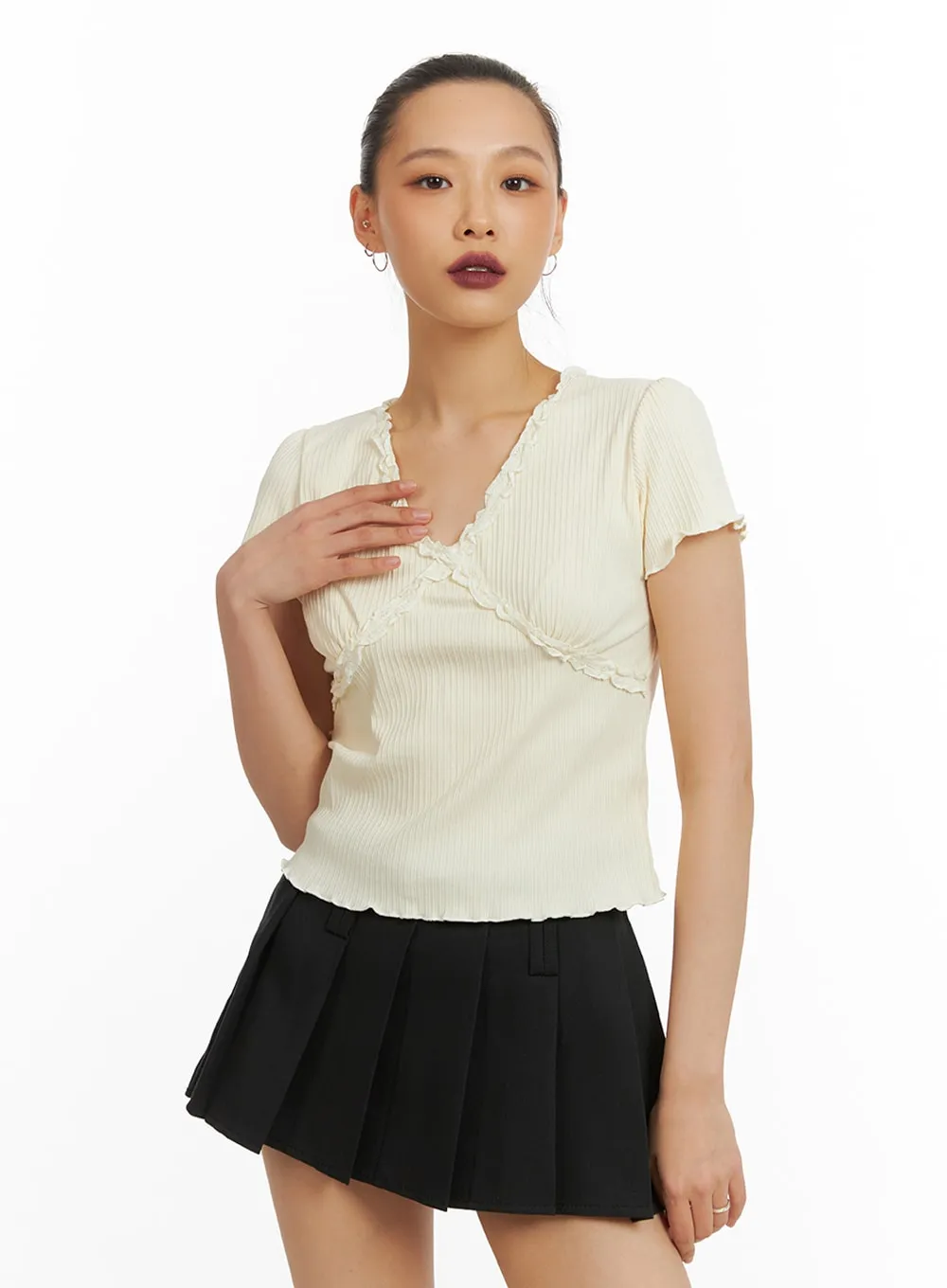 Lace V-Neck Short Sleeve Top IA417