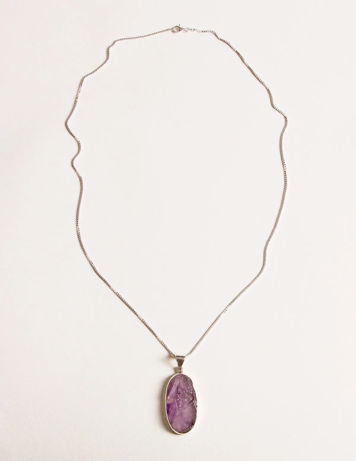 Large Raw Amethyst Gemstone Pendant - 24 Inch Silver Chain