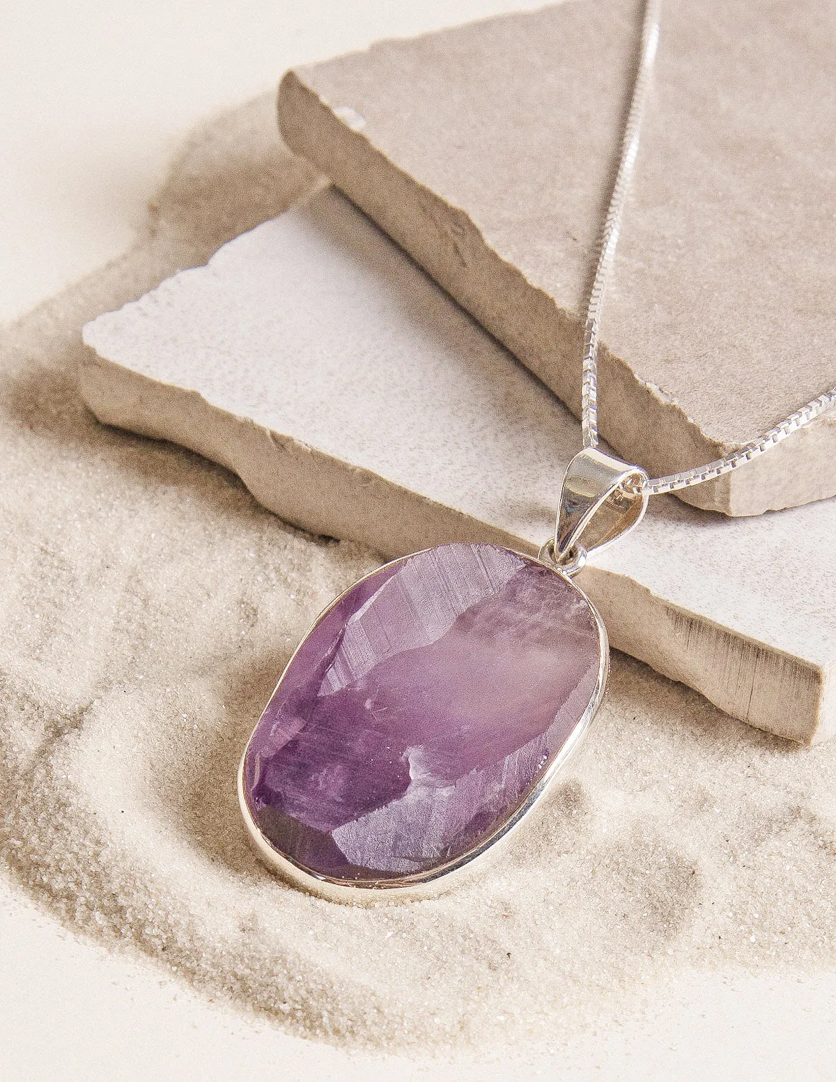 Large Raw Amethyst Gemstone Pendant - 24 Inch Silver Chain