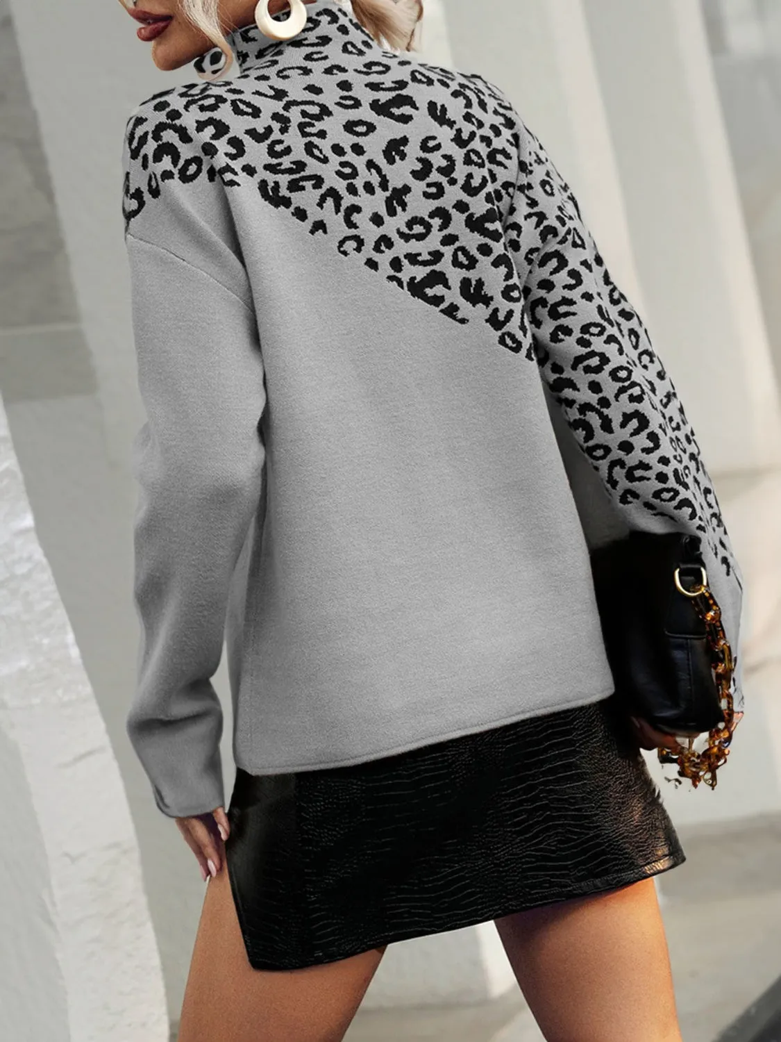 Leopard Mock Neck Dropped Shoulder Sweater