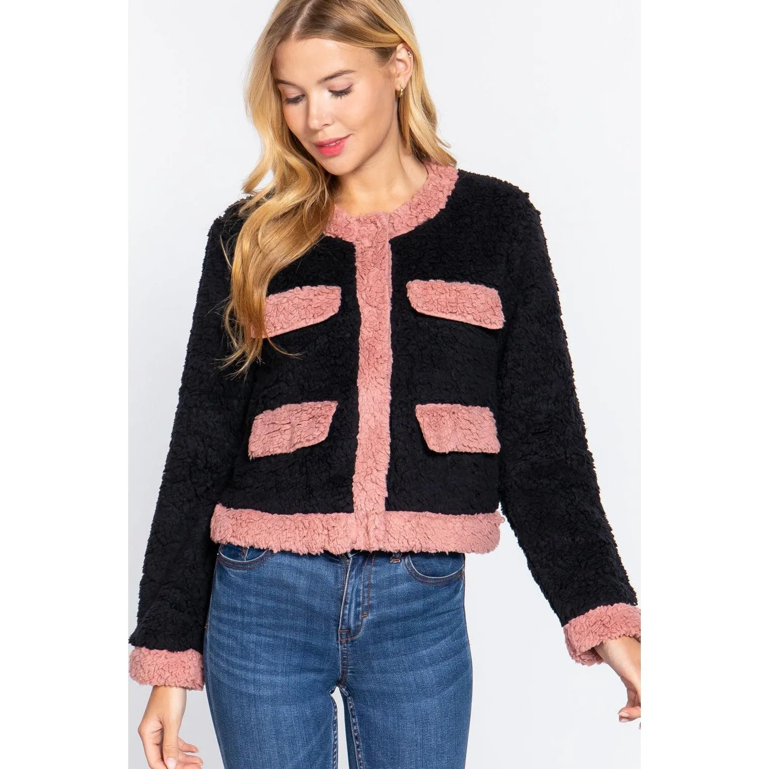 Long Sleeve Pocket Detail Faux Fur Jacket