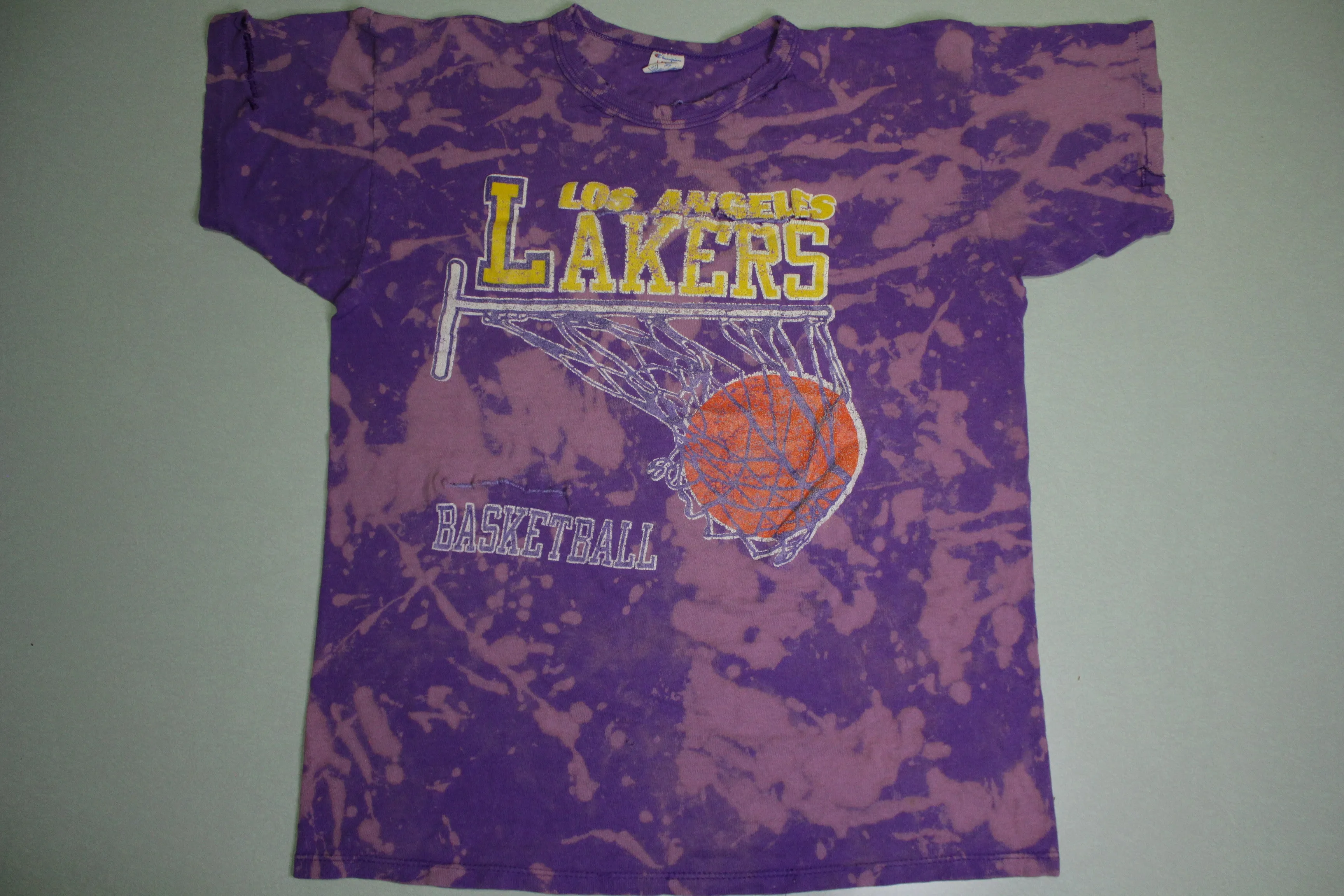 Los Angeles LA Lakers Champion Net 80's Vintage Distressed Tie Dye Bleached T-Shirt