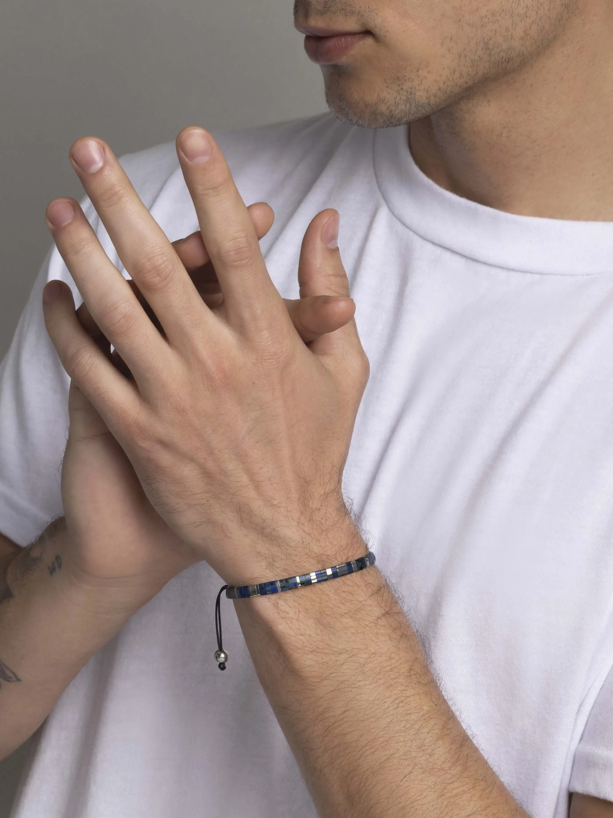 Men's Bracelet with Marbled Blue and Silver Miyuki Tila Beads