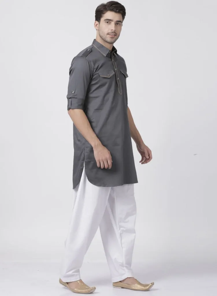 Men's Grey Cotton Blend Pathani Suit Set