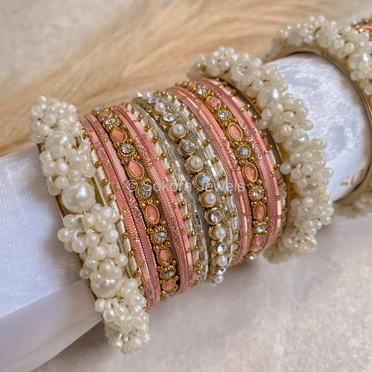 Midi Pearly Cluster Bangle Set - Peachy Pink