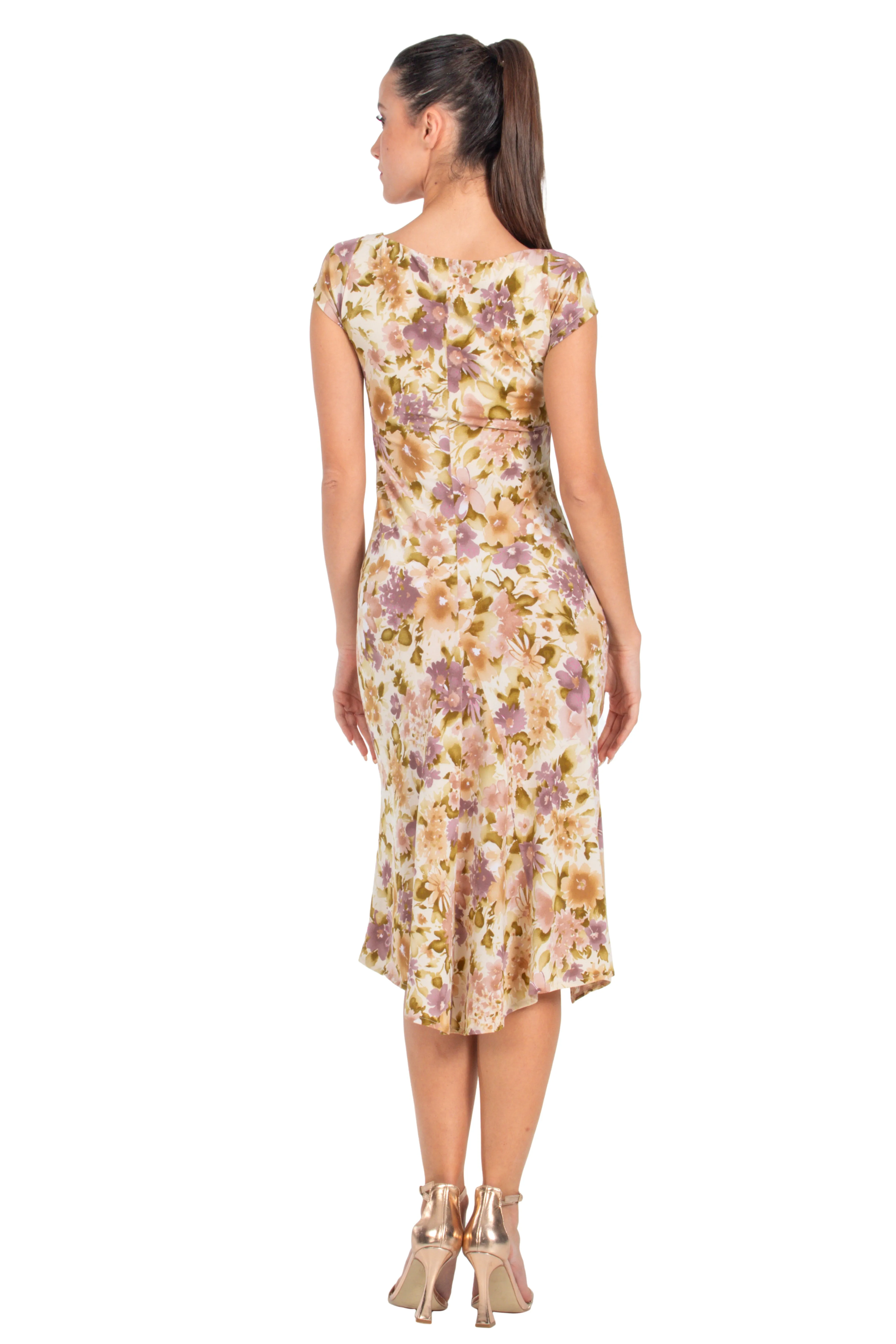 Muted Floral Bodycon Dance Dress With Front Ruffles And Gatherings