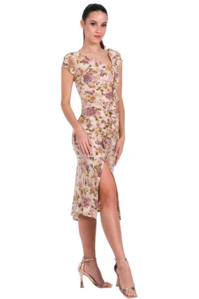 Muted Floral Bodycon Dance Dress With Front Ruffles And Gatherings