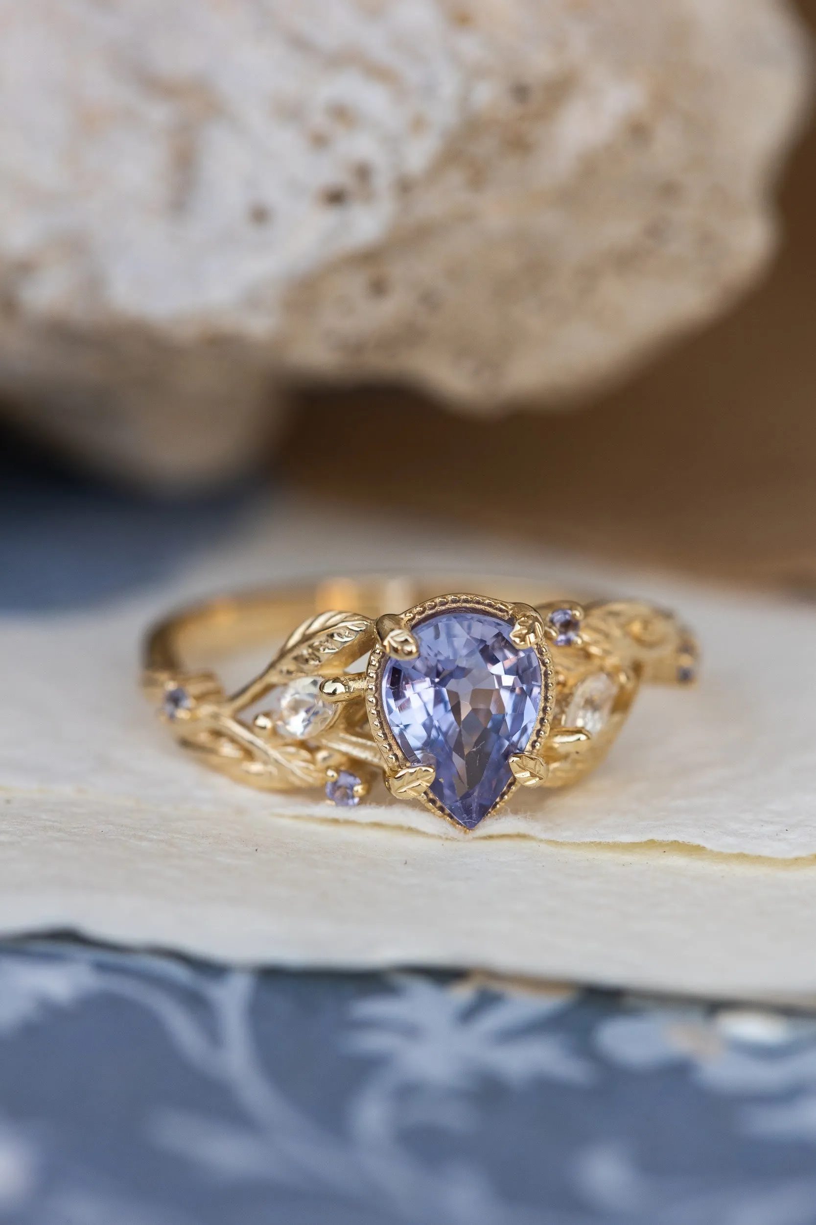 Natural purple sapphire engagement ring with accents moonstones and tanzanites / Patricia