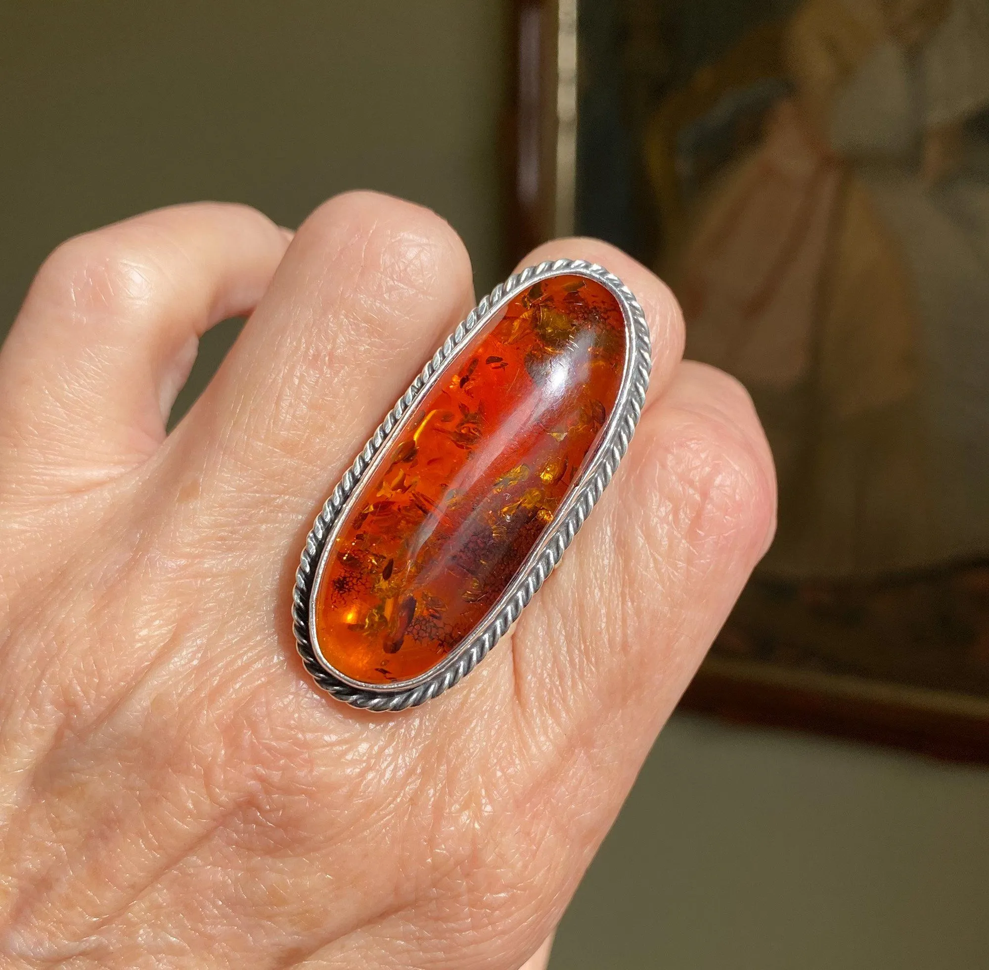 Natural Russian Baltic Amber Huge Statement Ring, Sz 8.25