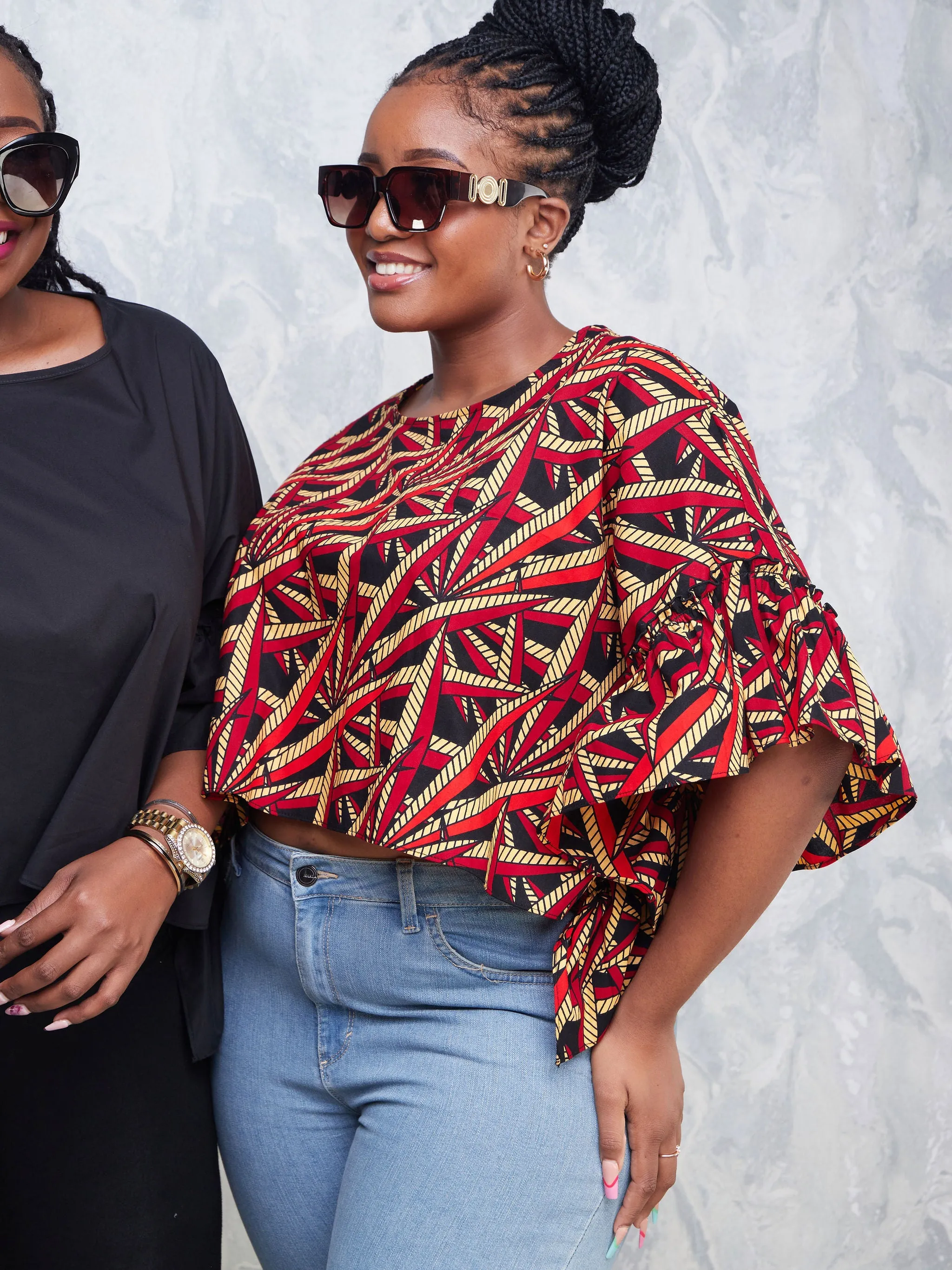 Nimali Side Frill Kaftan - Black/ Red Ankara Print