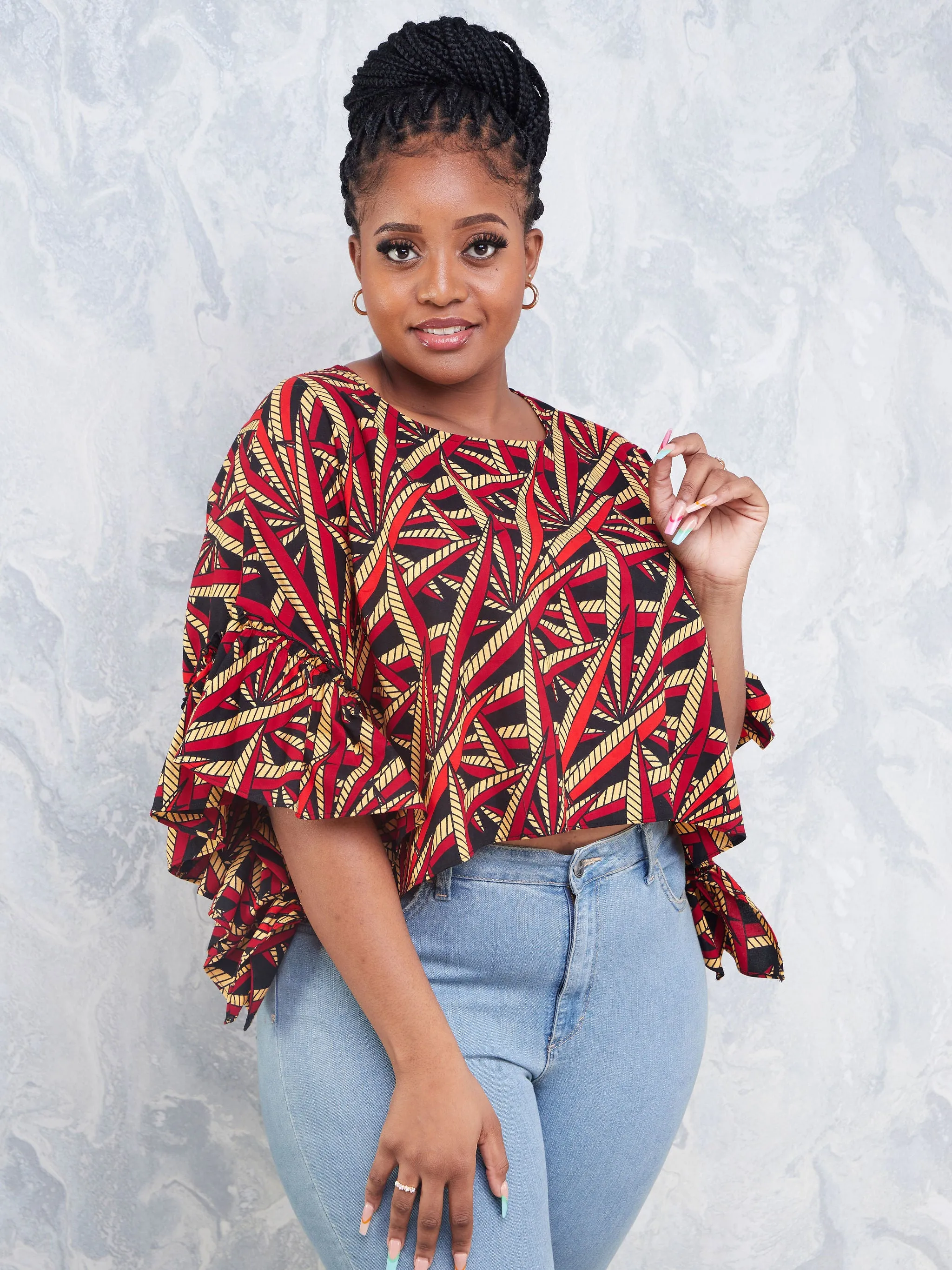 Nimali Side Frill Kaftan - Black/ Red Ankara Print