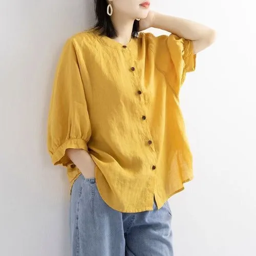 O-Neck Long Sleeve Shirt Dames - Yellow