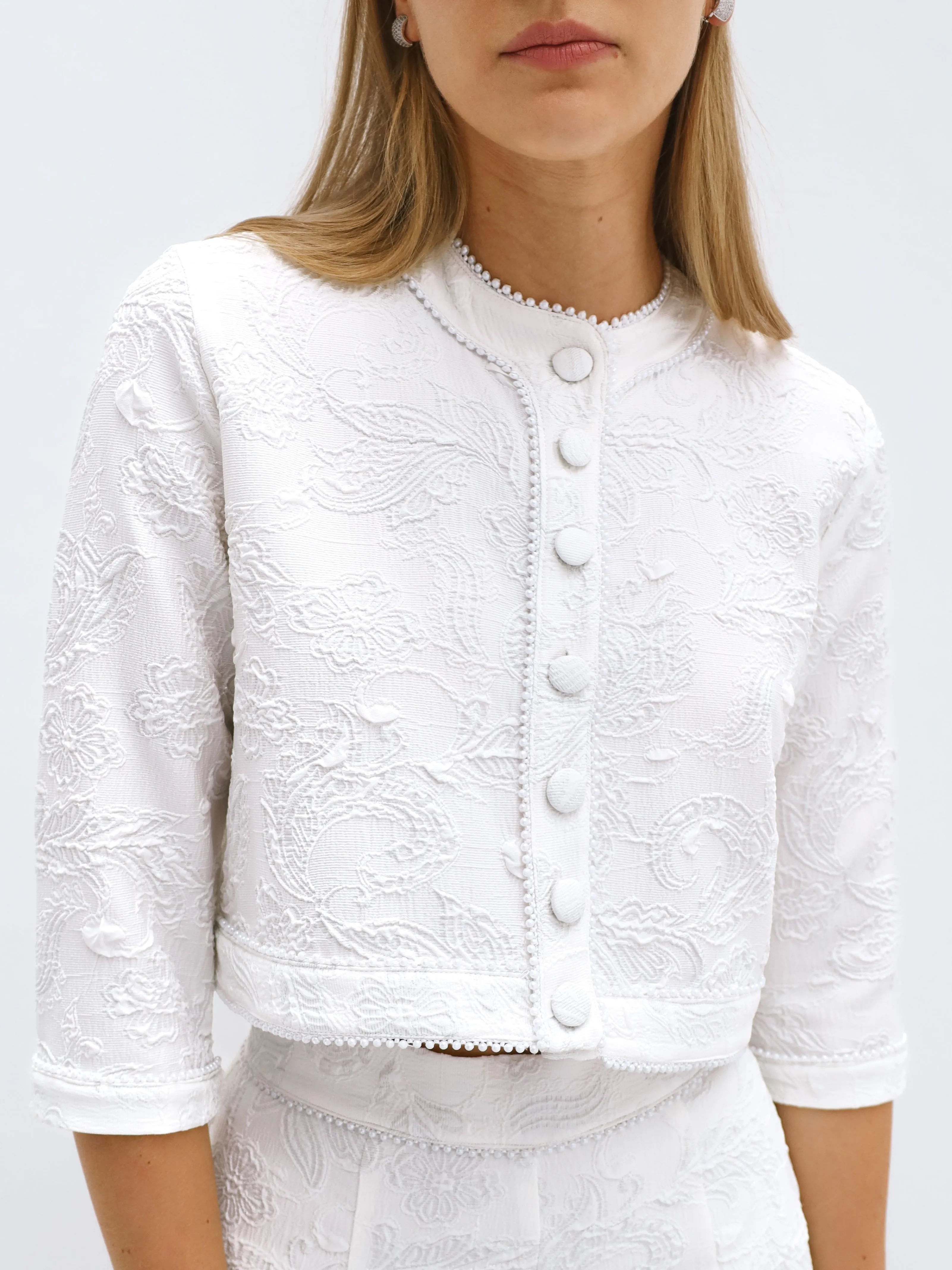 Odea Jacquard Cardigan With Pearl Trim | White Ice