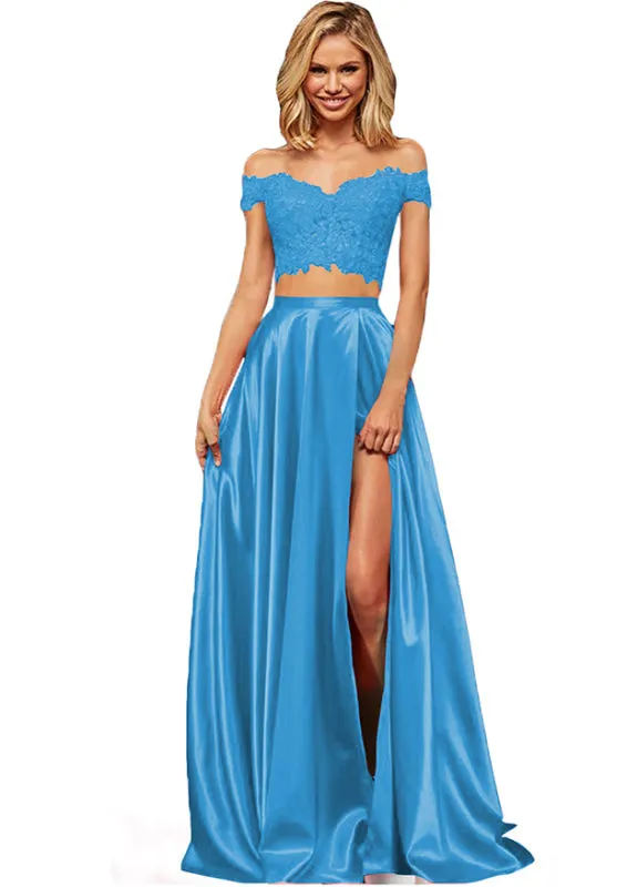 Off-the-Shoulder Two Piece Prom Dress With Slit Appliques