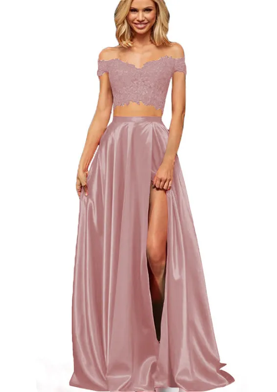 Off-the-Shoulder Two Piece Prom Dress With Slit Appliques