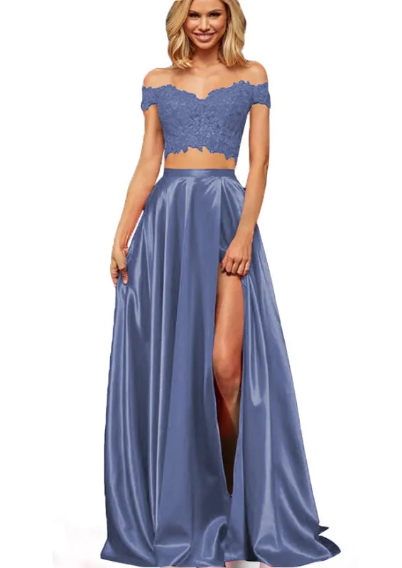 Off-the-Shoulder Two Piece Prom Dress With Slit Appliques