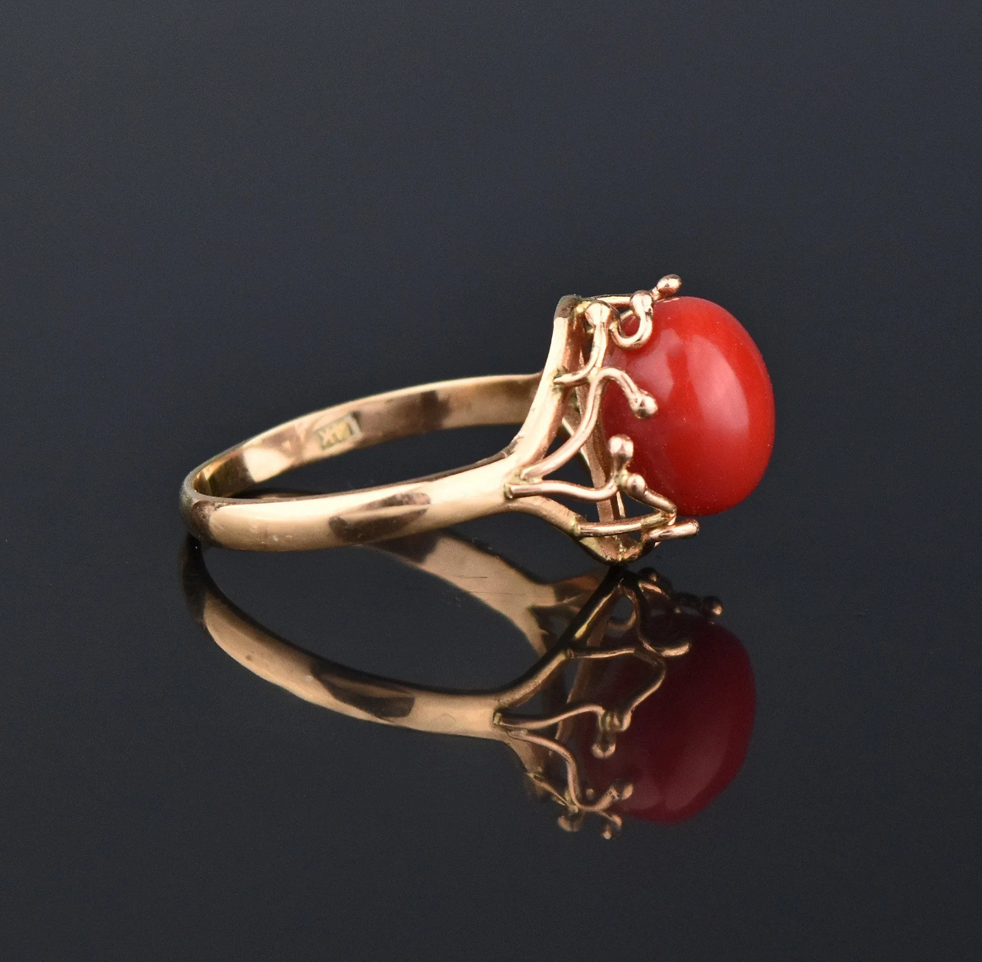 Oxblood Red Coral Retro Arts & Crafts 14K Gold Ring