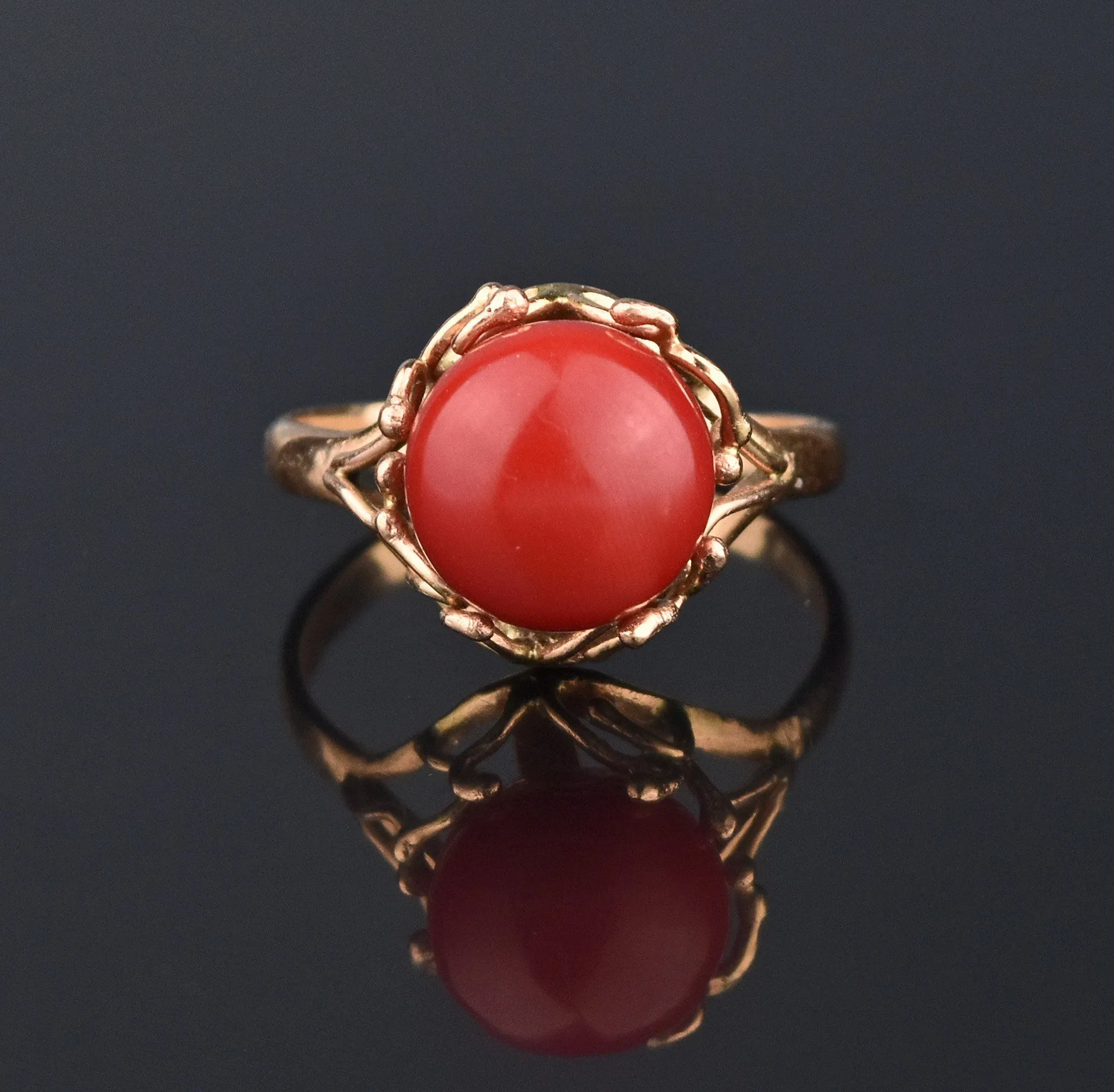 Oxblood Red Coral Retro Arts & Crafts 14K Gold Ring