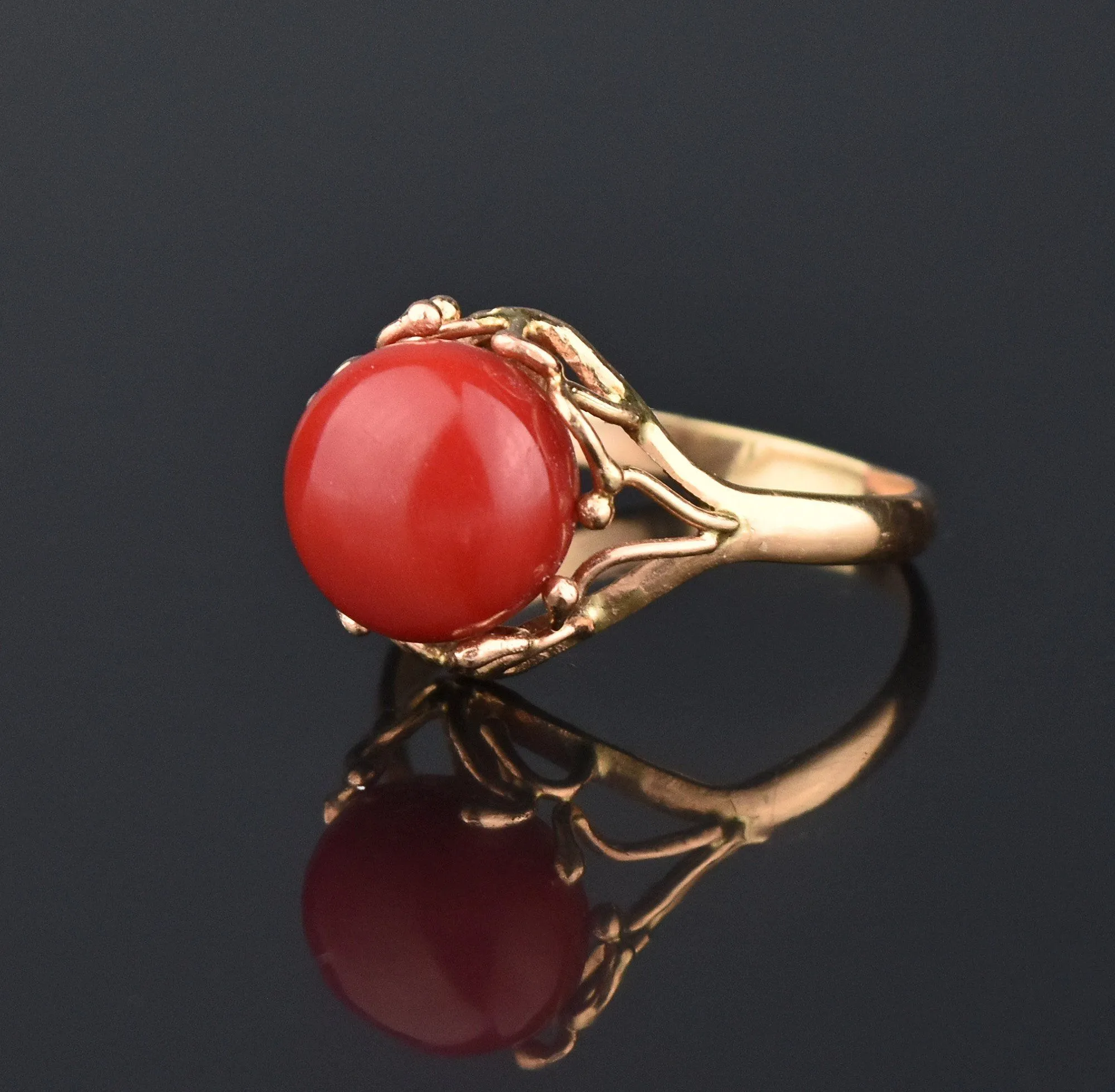 Oxblood Red Coral Retro Arts & Crafts 14K Gold Ring