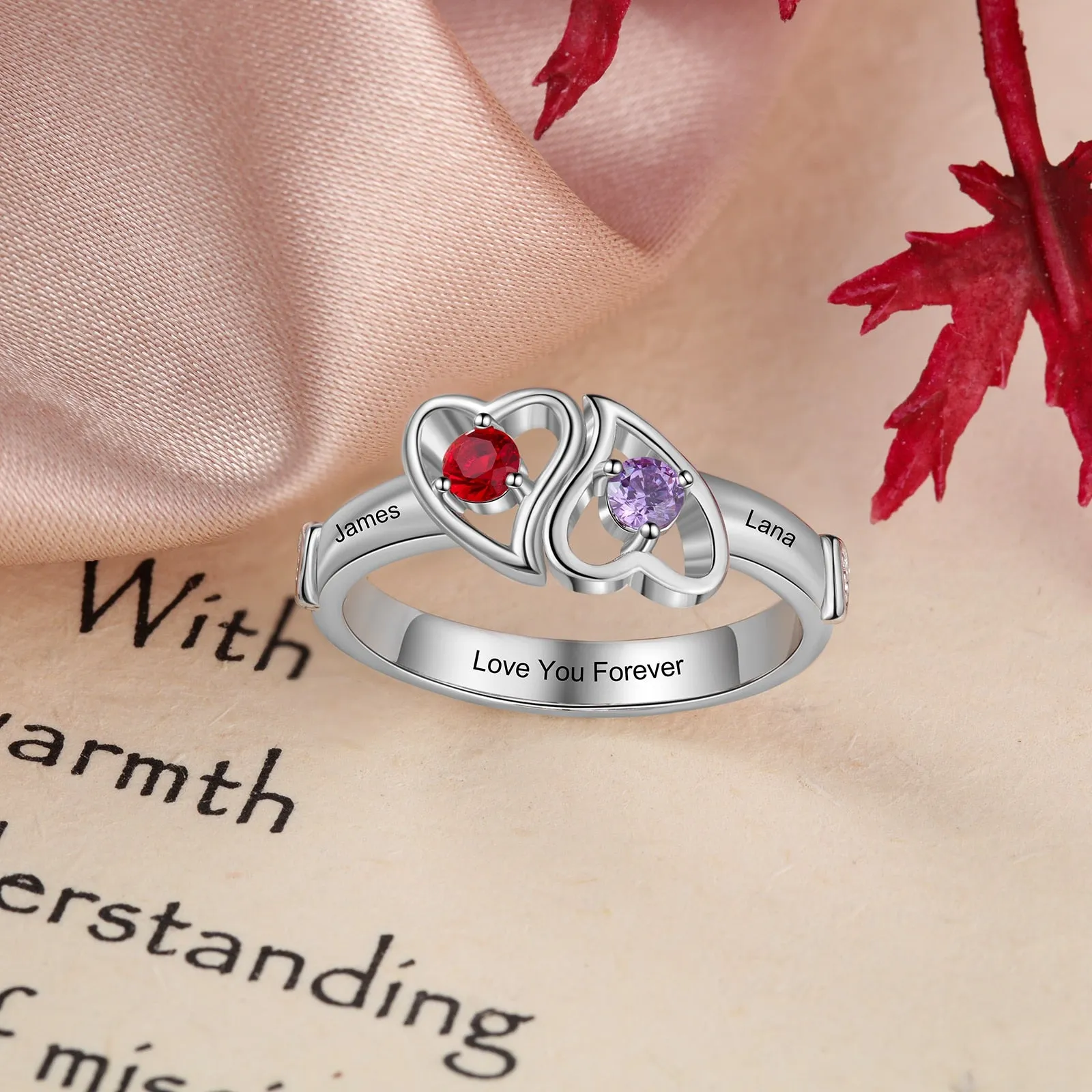 Personalized Double Heart Promise Rings for Women Customized Birthstone Wedding Engagement Ring Gifts for Girlfriend