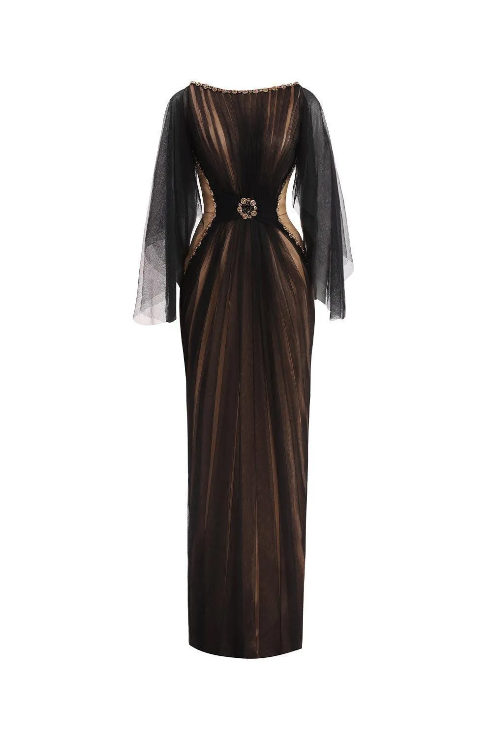 Pierce Pegged Boat Neck Mesh Silk Floor Length Dress