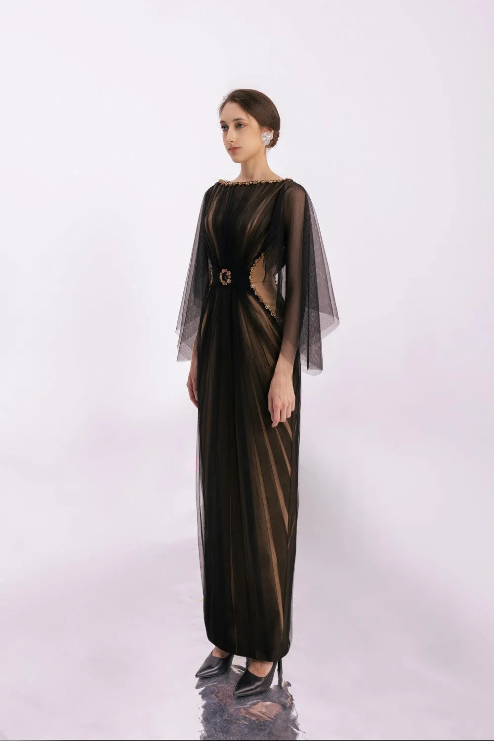 Pierce Pegged Boat Neck Mesh Silk Floor Length Dress