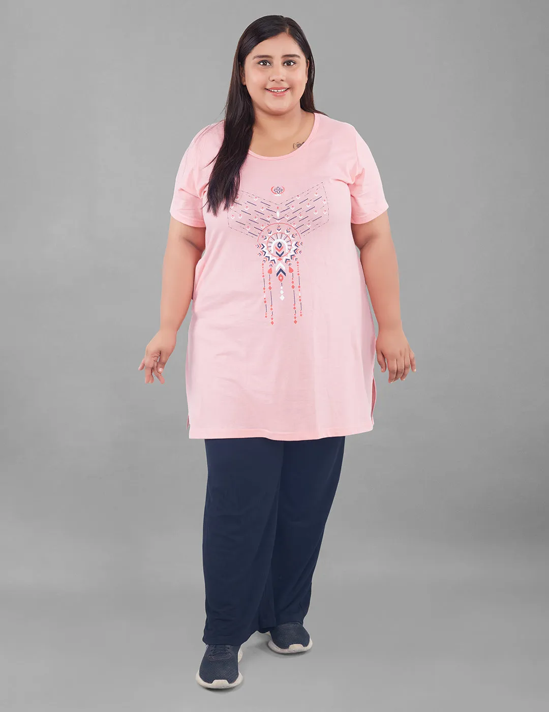 Plus Size Long T-shirt For Women - Half Sleeves - Peach