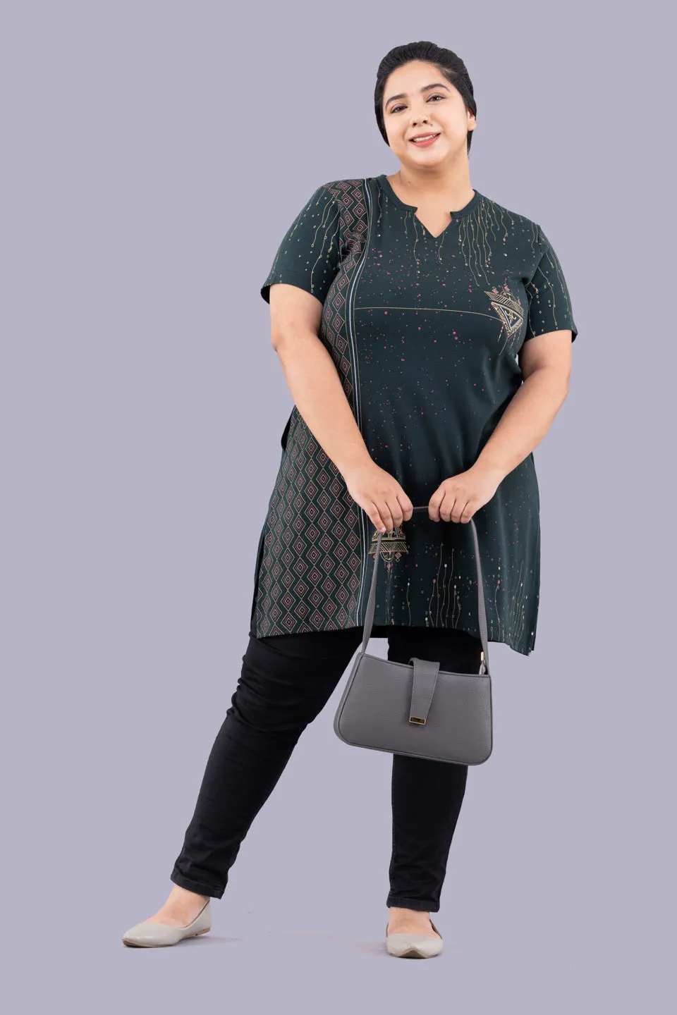 Plus Size Printed Long Tops For Women Half Sleeves - Bottle Green