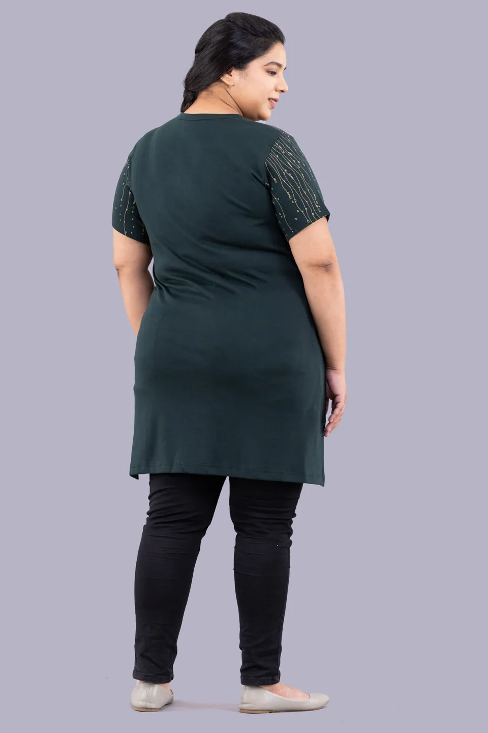 Plus Size Printed Long Tops For Women Half Sleeves - Bottle Green