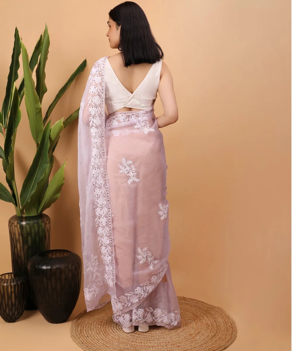 Purple white cotton handloom chikankari saree