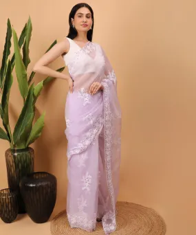 Purple white cotton handloom chikankari saree