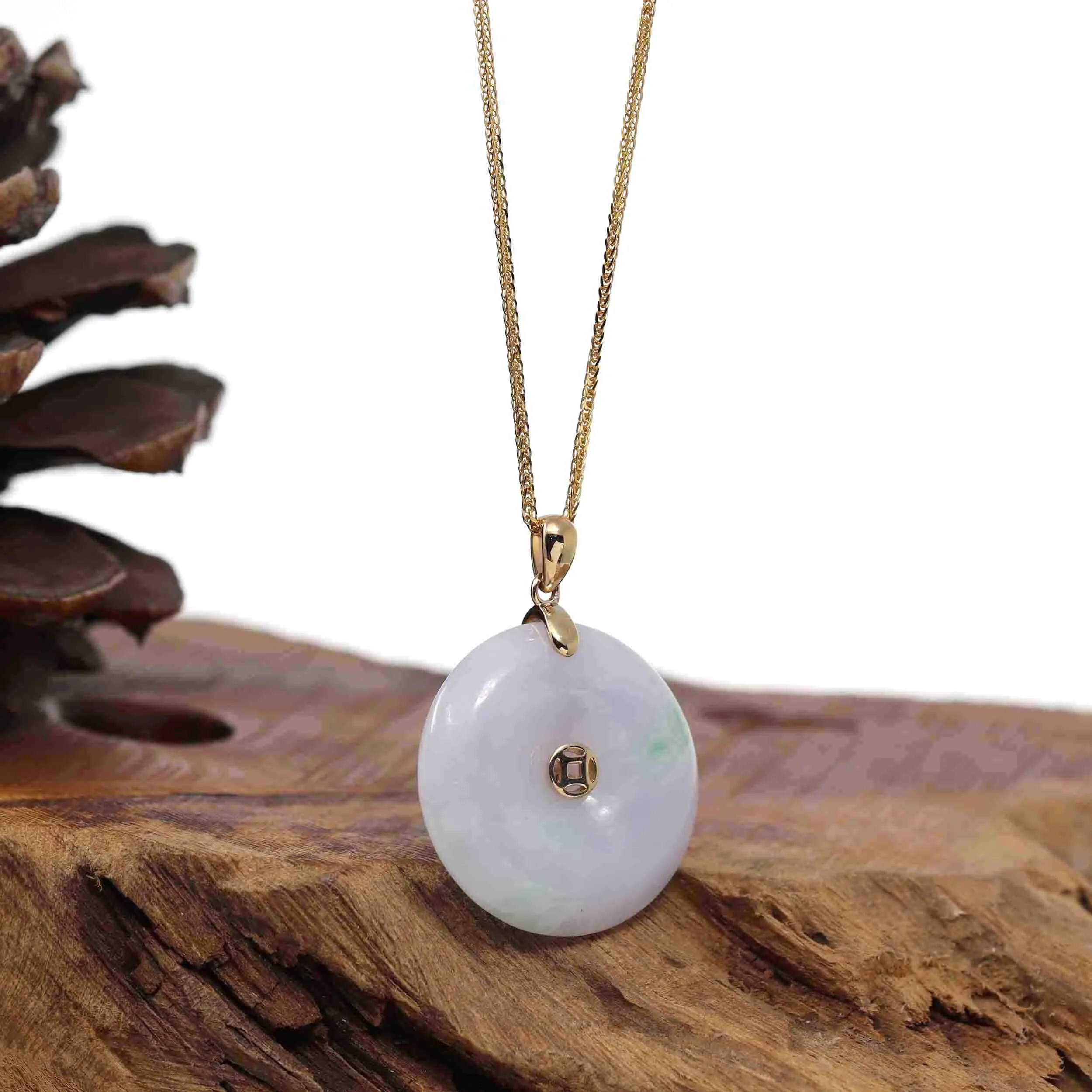 "Good Luck Button" Lavender Jadeite Jade Lucky KouKou Pendant With 14K Yellow Gold Bail