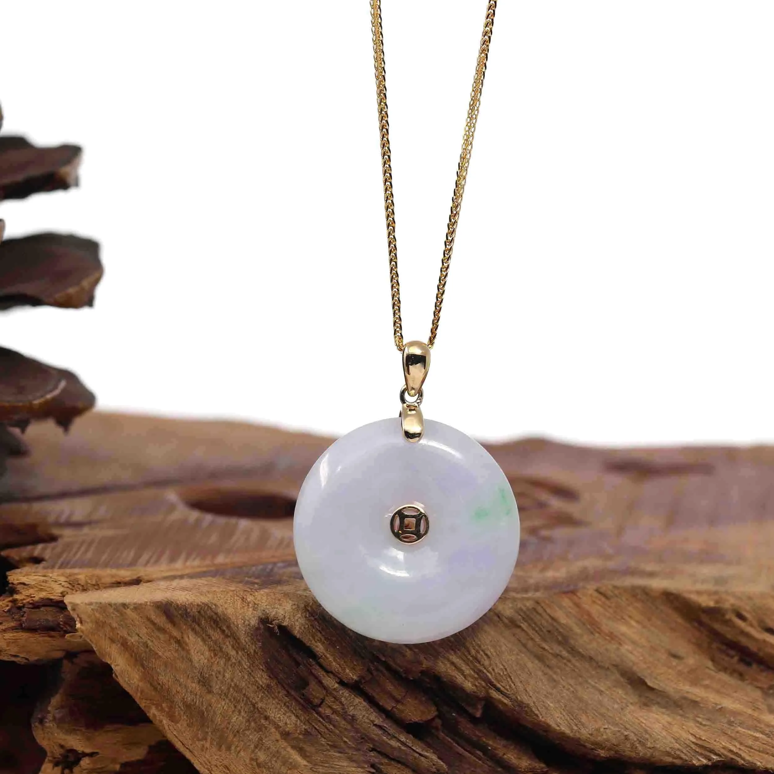 "Good Luck Button" Lavender Jadeite Jade Lucky KouKou Pendant With 14K Yellow Gold Bail