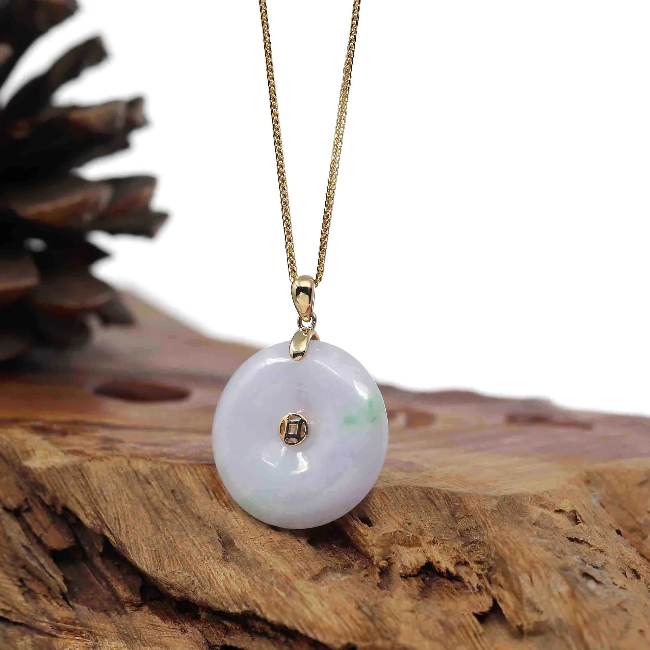 "Good Luck Button" Lavender Jadeite Jade Lucky KouKou Pendant With 14K Yellow Gold Bail