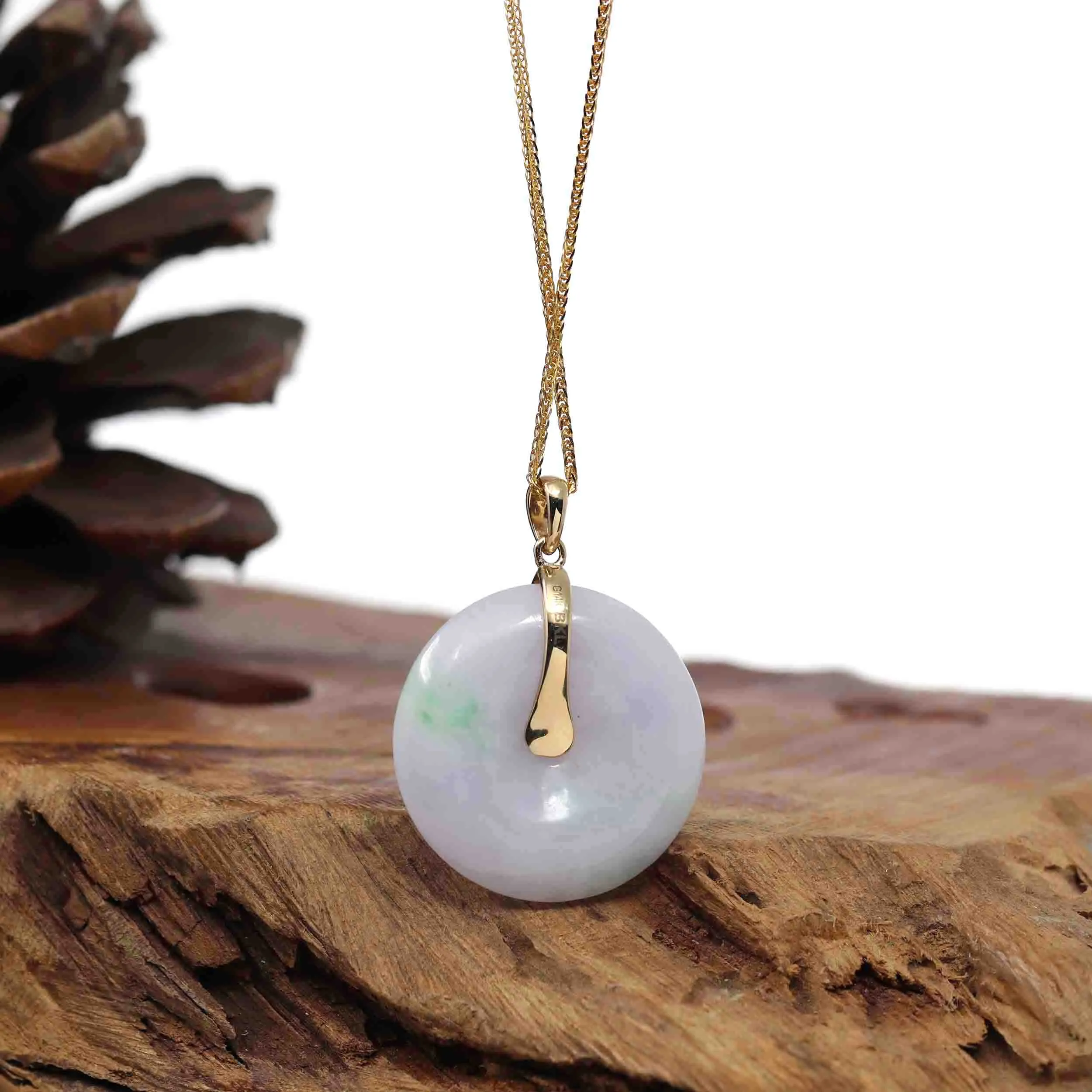 "Good Luck Button" Lavender Jadeite Jade Lucky KouKou Pendant With 14K Yellow Gold Bail