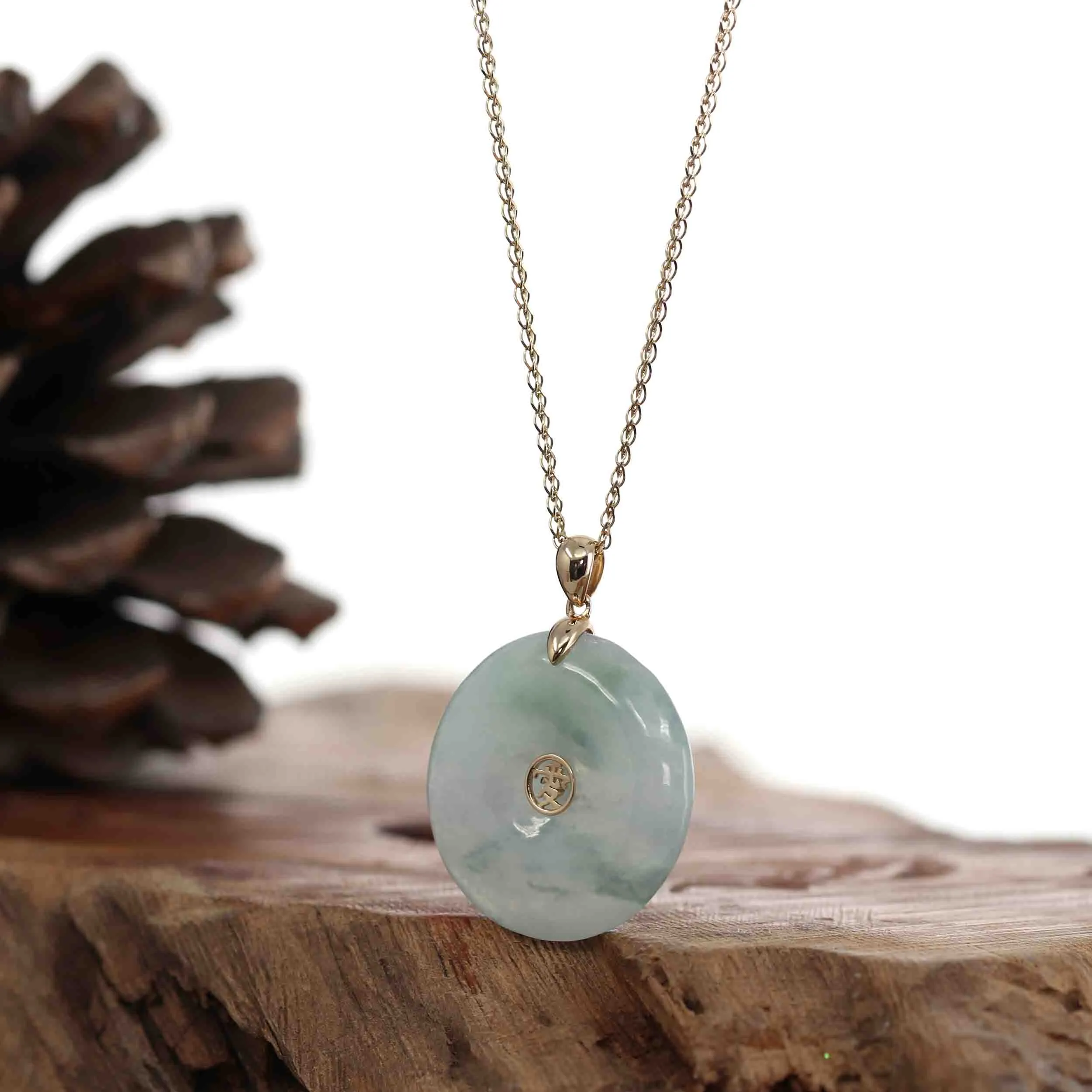 "Good Luck Button" Light Lavender Green Jadeite Jade Lucky KouKou Pendant Necklace