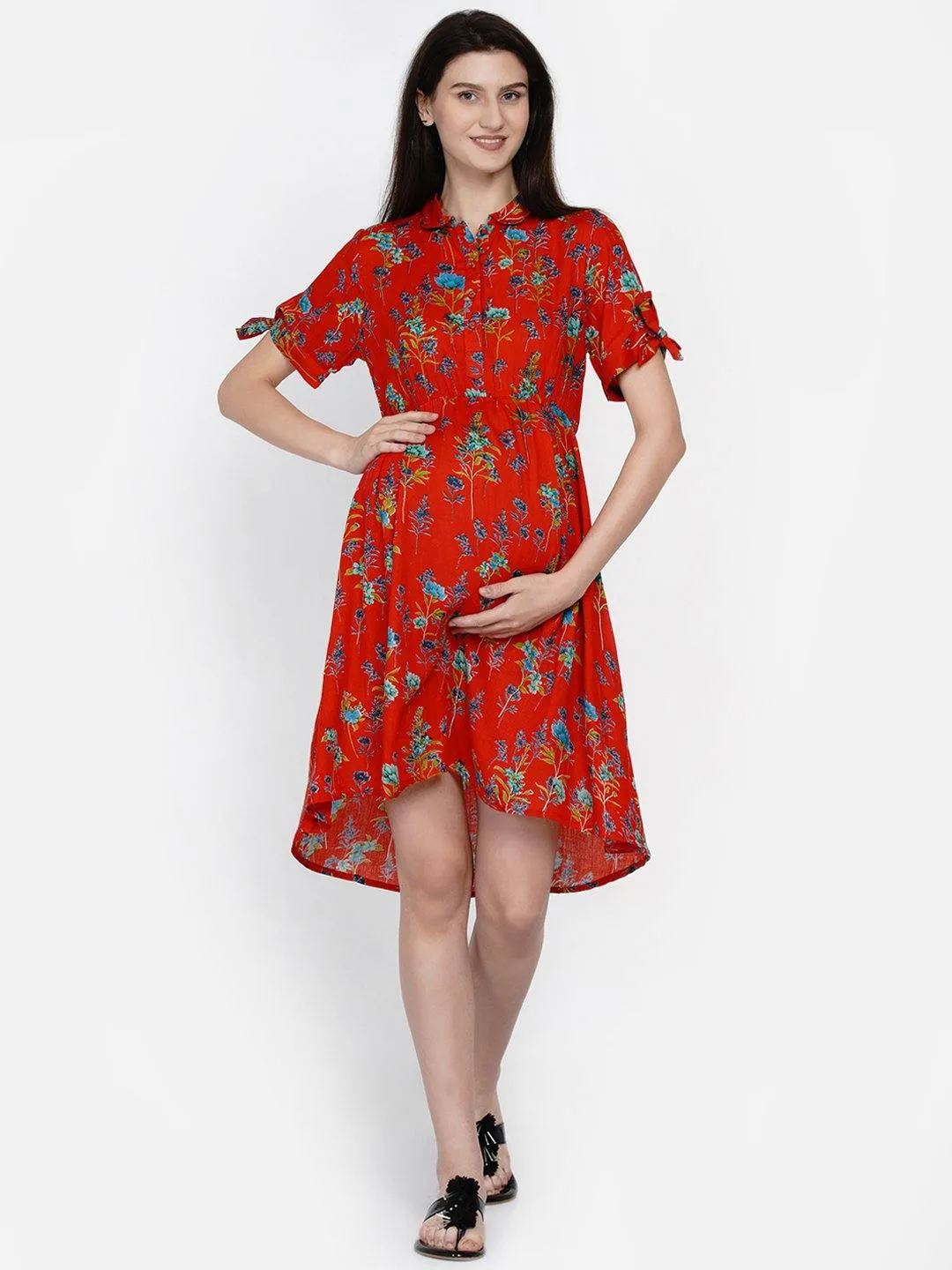 Red Floral Print Maternity and Nursing Midi Dress