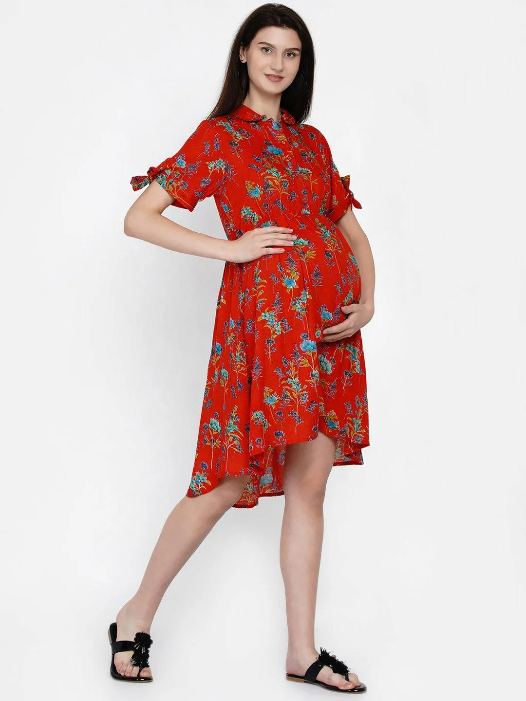 Red Floral Print Maternity and Nursing Midi Dress