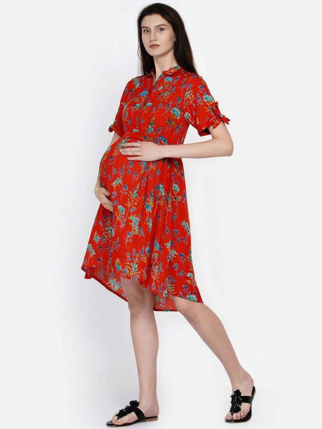 Red Floral Print Maternity and Nursing Midi Dress