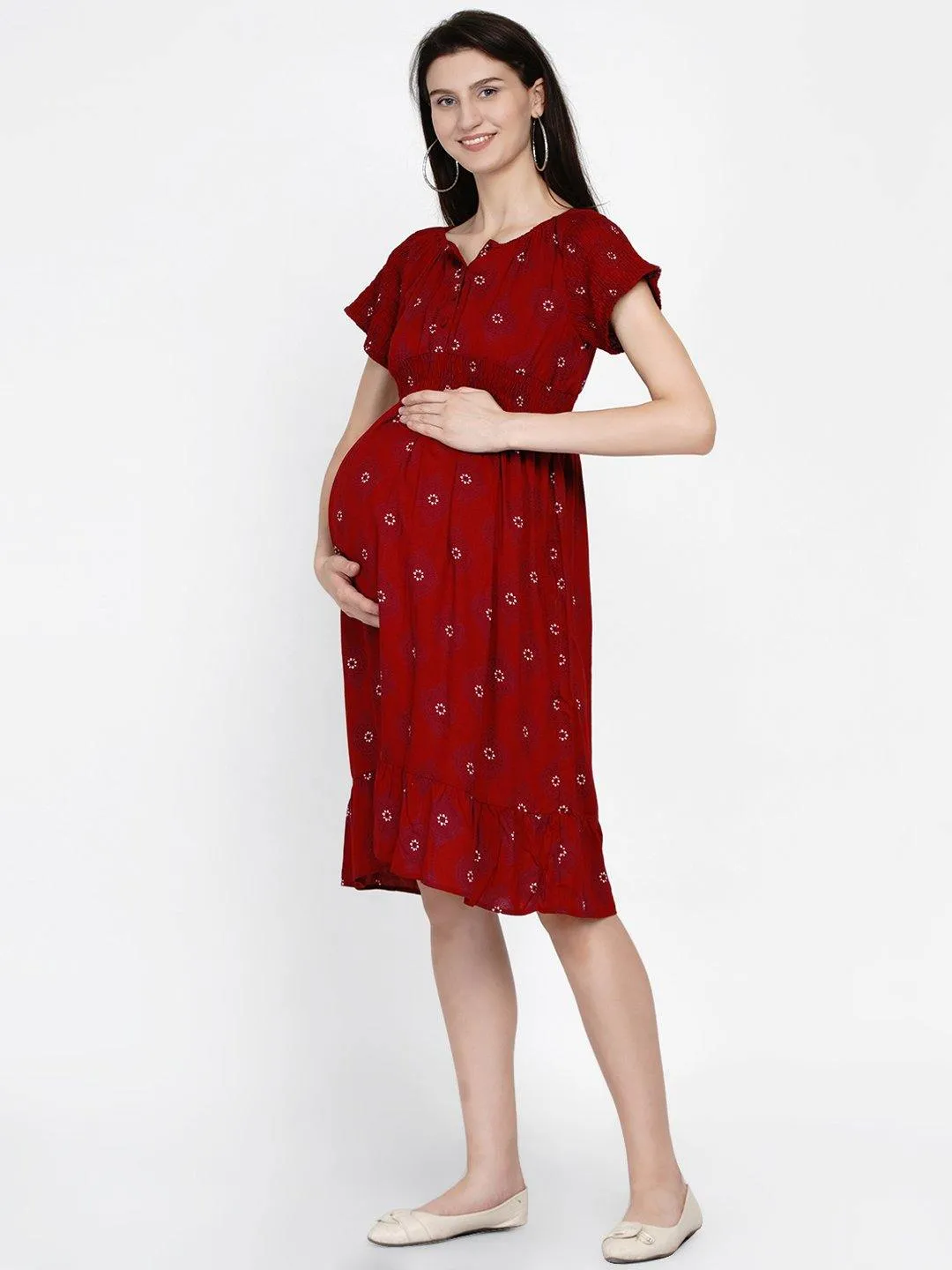 Red Geometric Printed Maternity and Nursing Midi Dress