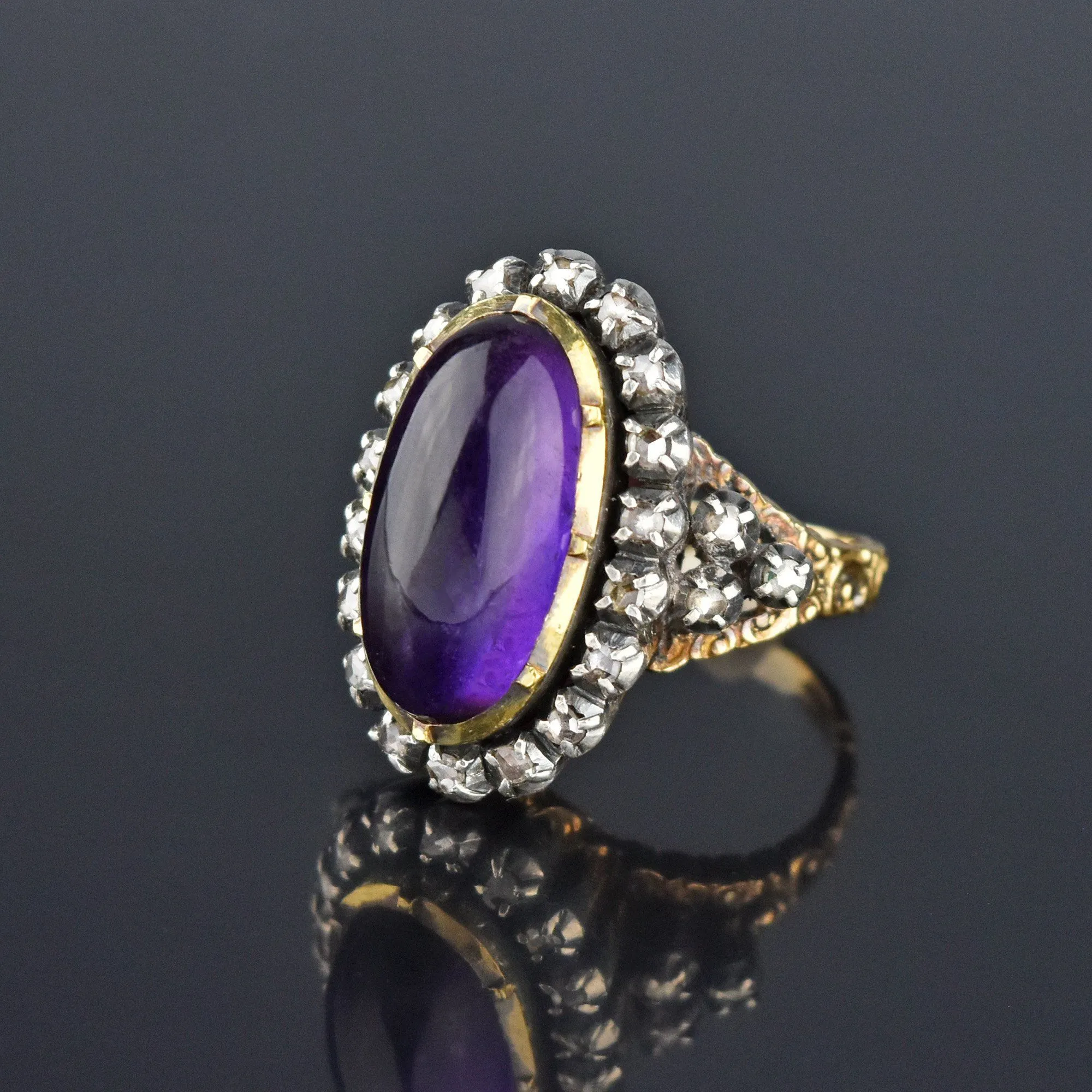 Rose Cut Diamond Halo Amethyst Cabochon 14K Gold Ring, Georgian Style