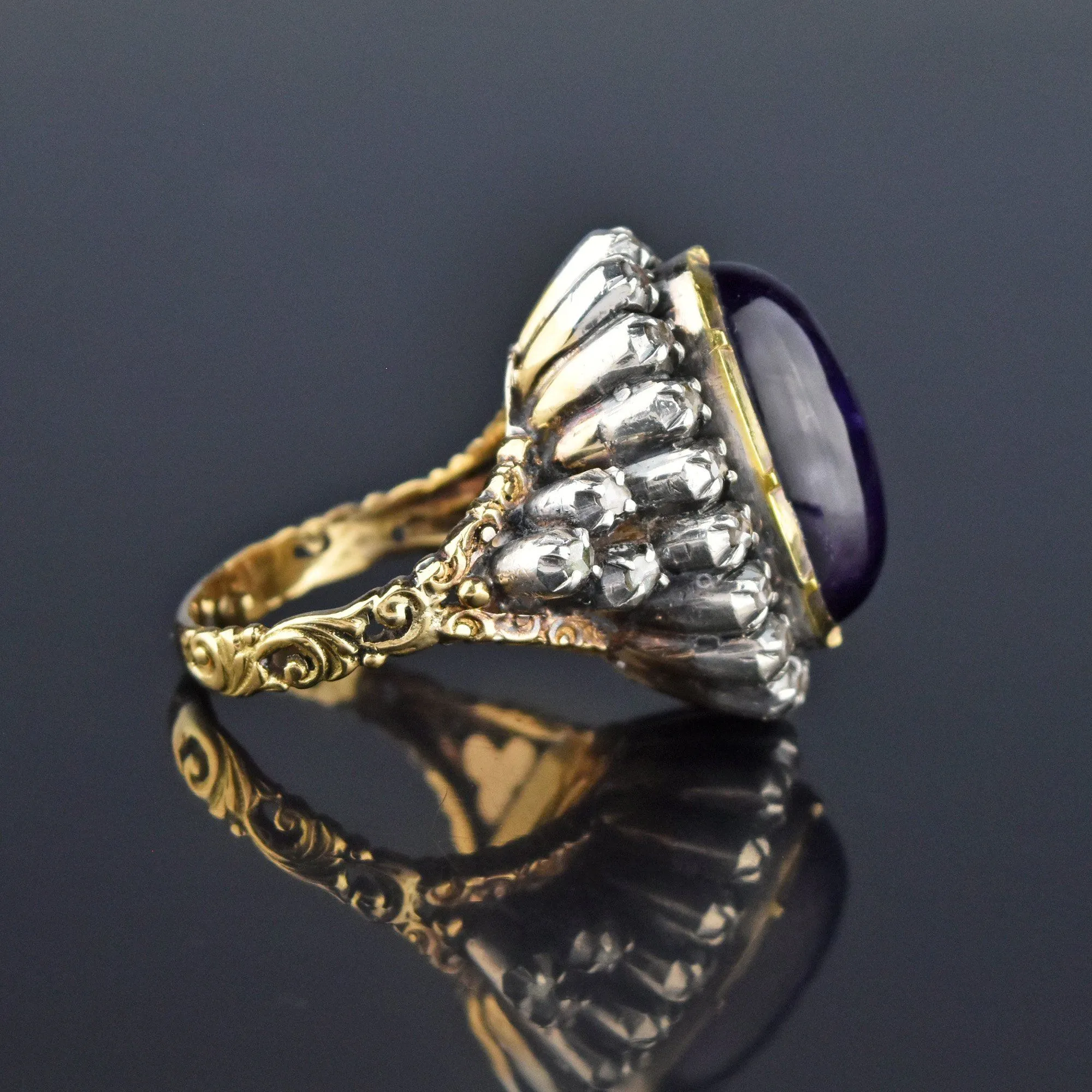 Rose Cut Diamond Halo Amethyst Cabochon 14K Gold Ring, Georgian Style