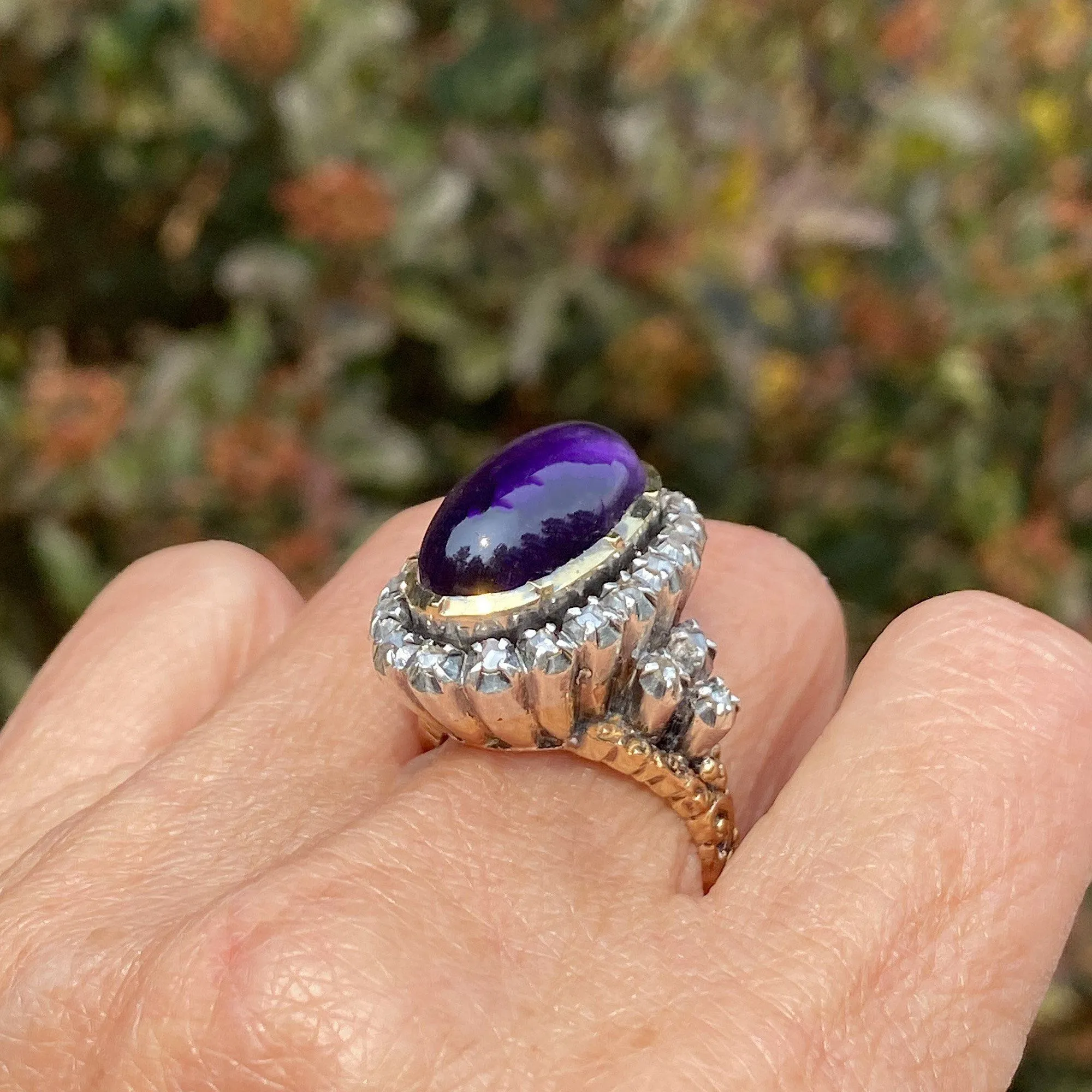 Rose Cut Diamond Halo Amethyst Cabochon 14K Gold Ring, Georgian Style