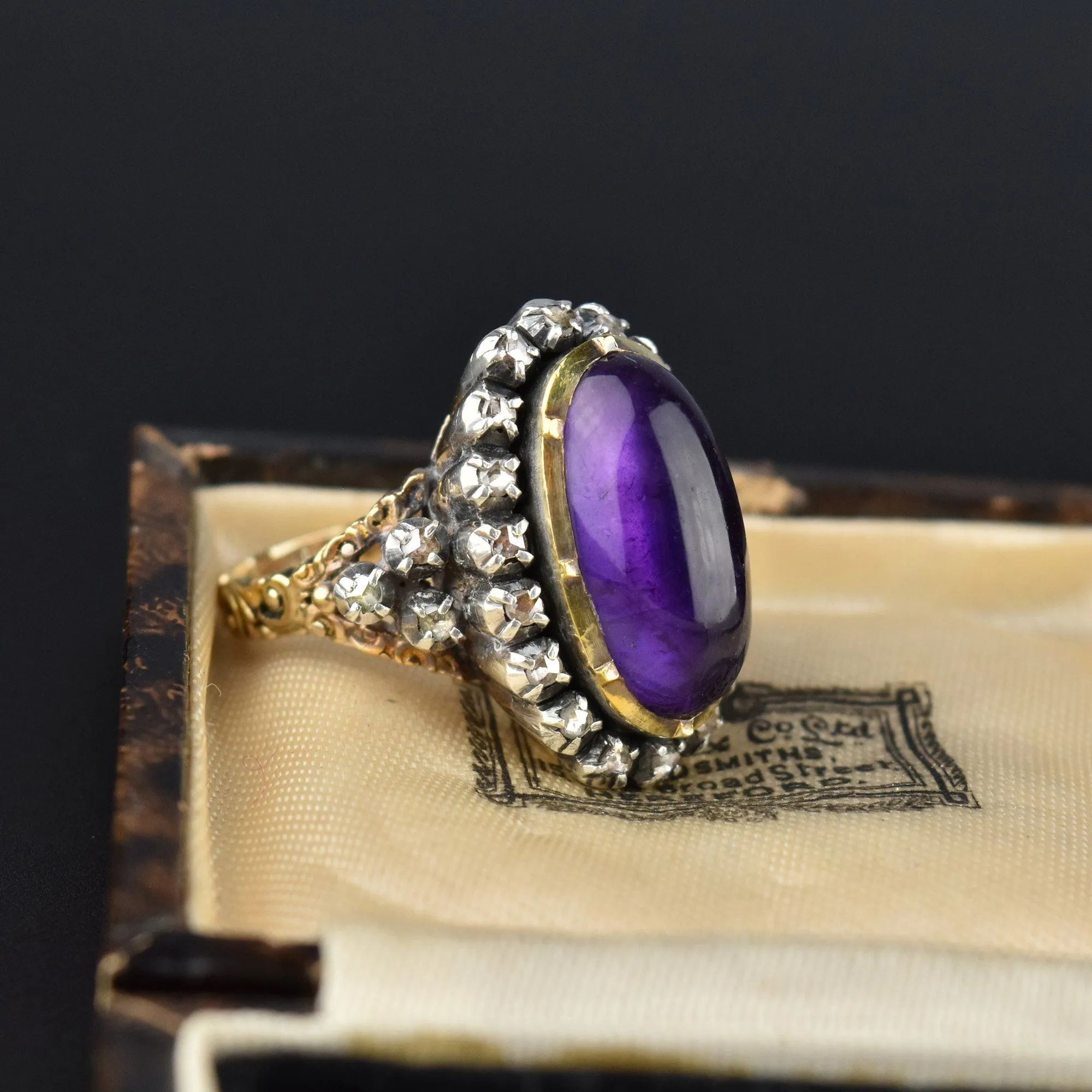 Rose Cut Diamond Halo Amethyst Cabochon 14K Gold Ring, Georgian Style