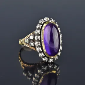 Rose Cut Diamond Halo Amethyst Cabochon 14K Gold Ring, Georgian Style