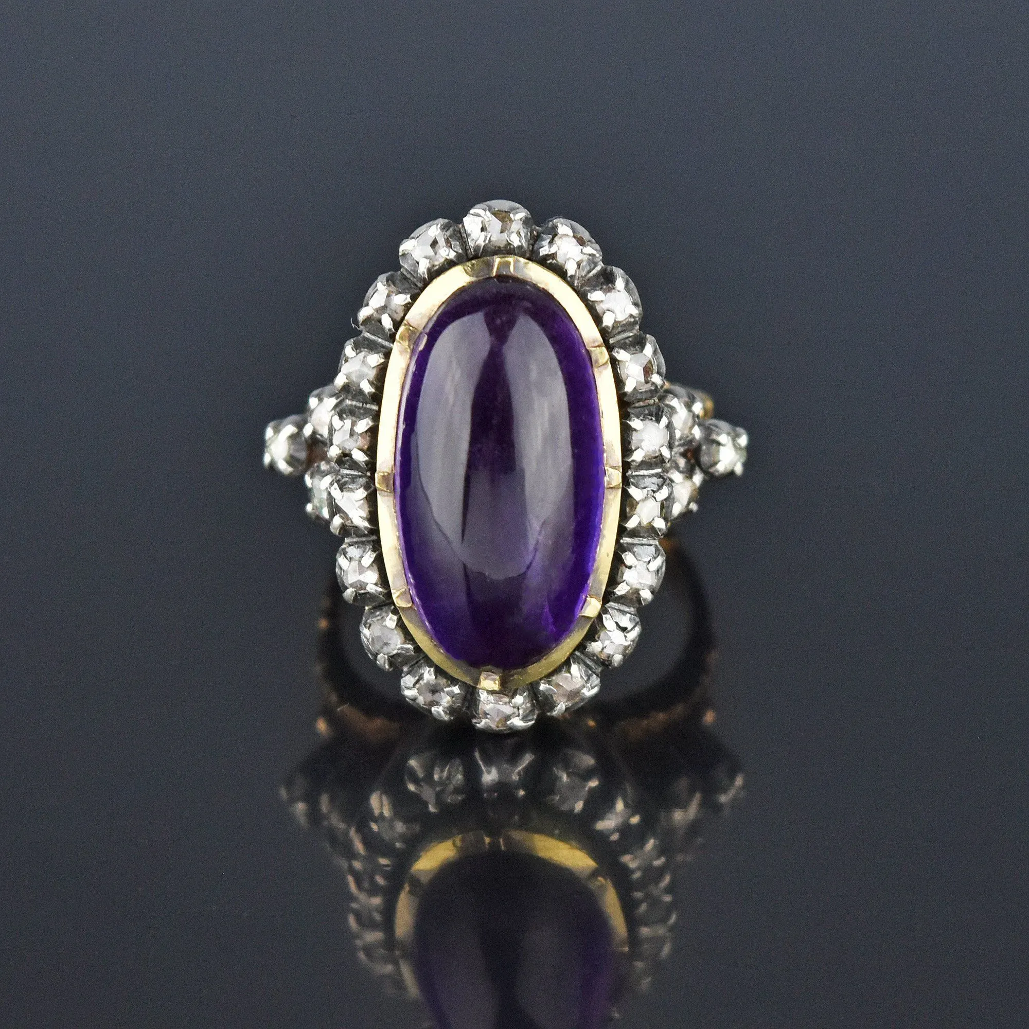 Rose Cut Diamond Halo Amethyst Cabochon 14K Gold Ring, Georgian Style