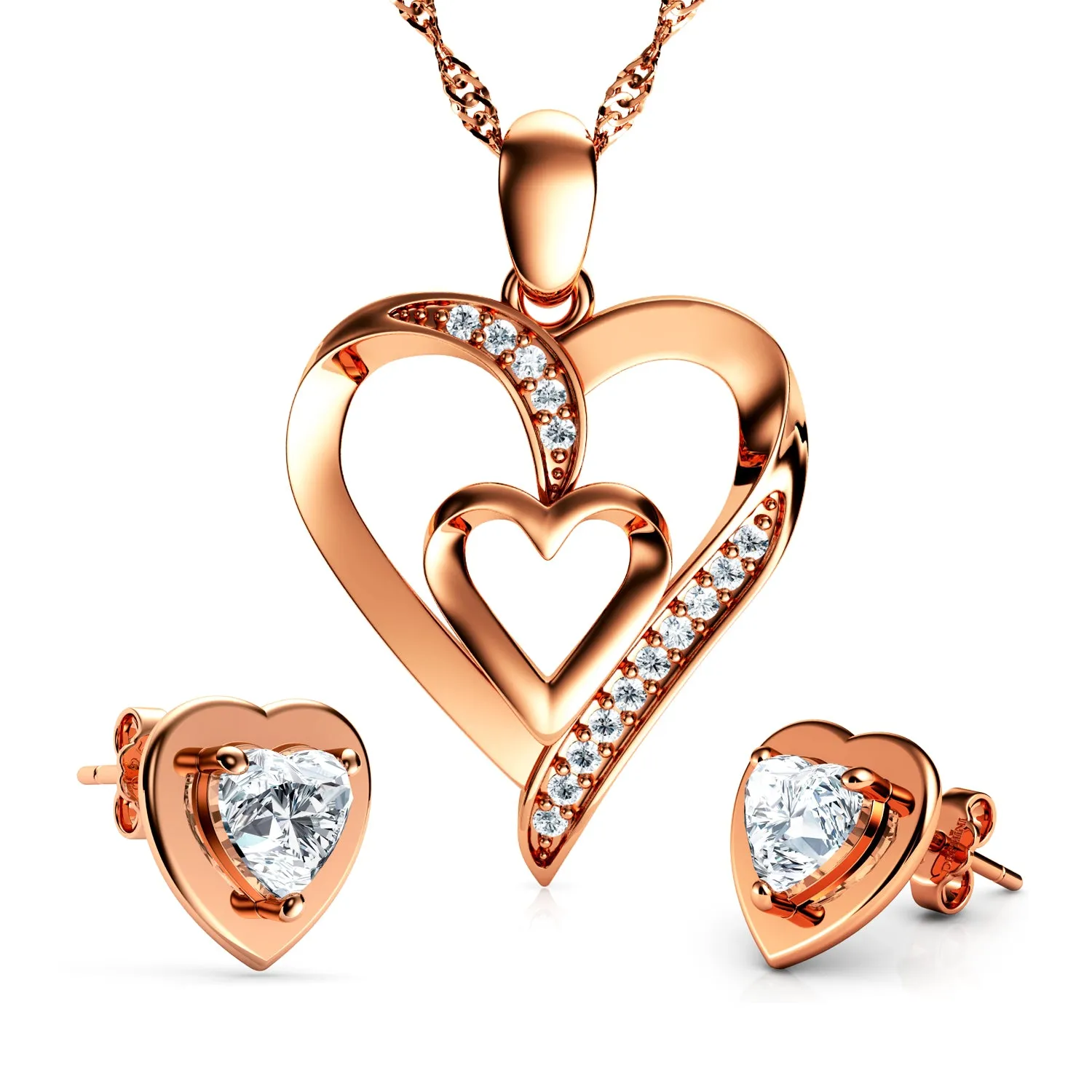 Rose Gold Heart Set Necklace Earrings Gold Plated 925 Silver Dephini