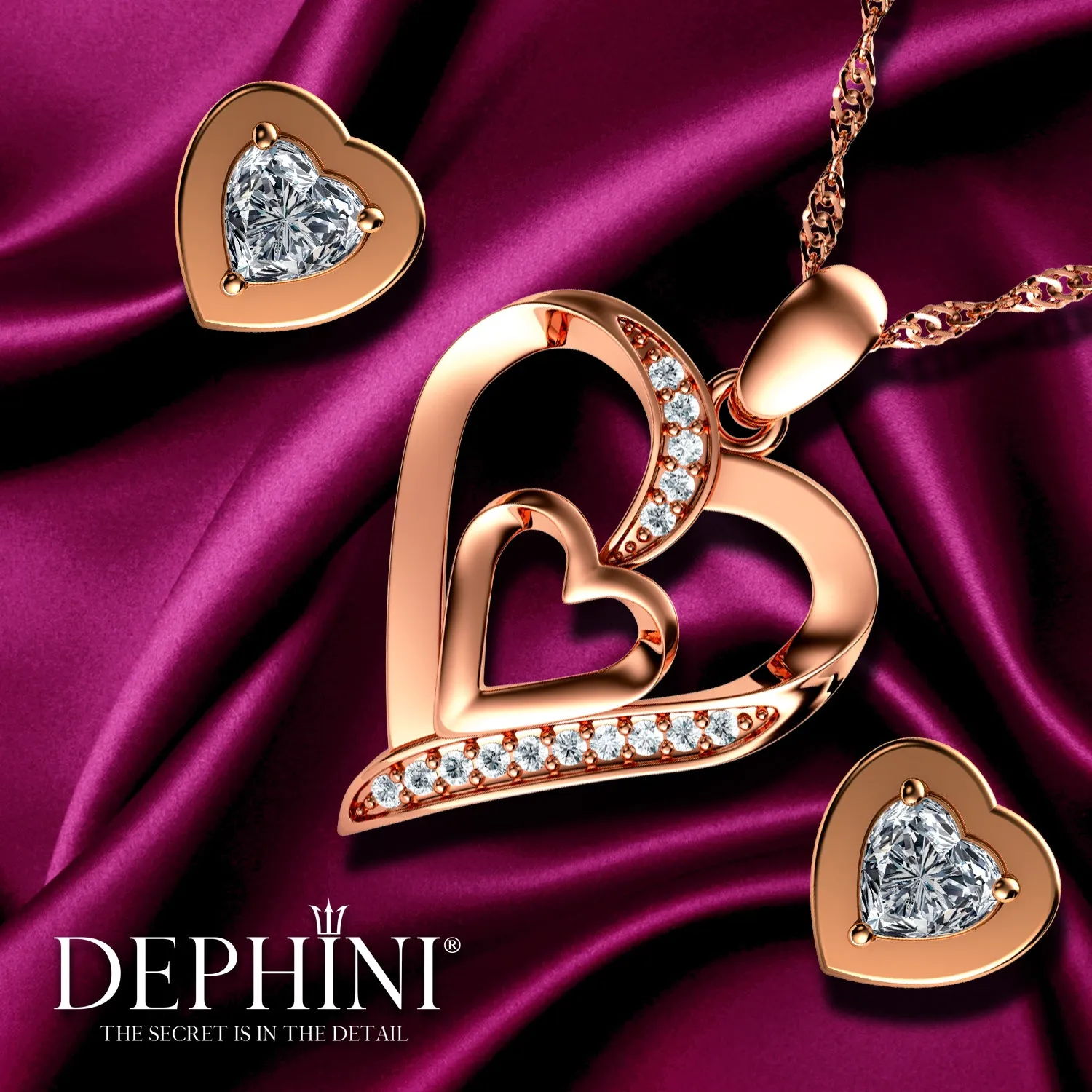 Rose Gold Heart Set Necklace Earrings Gold Plated 925 Silver Dephini